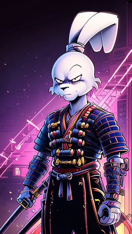 (usagi yojimbo), (extremely detailed CG unit 8k wallpaper),(master part), (best quality), (ultra detail), (best illustration),(style of Dan Mumford), cowboy shot, (Sharp eyeliner, ombre, detail eyes:1), neon light indoors background ,break , (Samurai
Cybernetic), upper body,