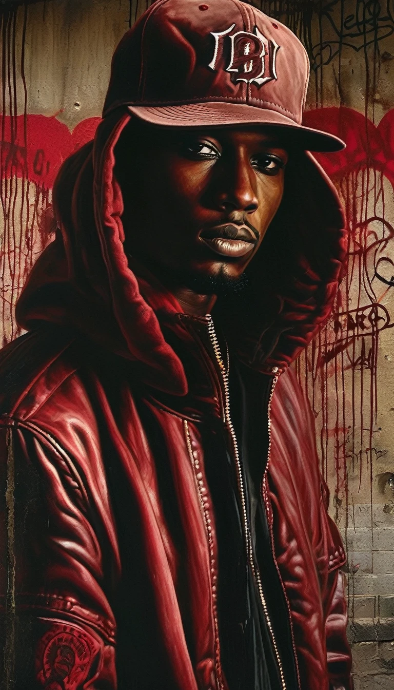 (gangsta rap old school rap 1990) graffiti on the walls, abandoned warehouse, grainy, sepia, creepy environment, dark red tint. creepypasta - a rapper in a baseball cap, a creepy look from the shadows. style by charlie bowett, albert joseph penaud, dariusz zawadzki. tetsuya ishida. zdzislaw beksinski. patrizia piccinini. mark powell. sven 37.