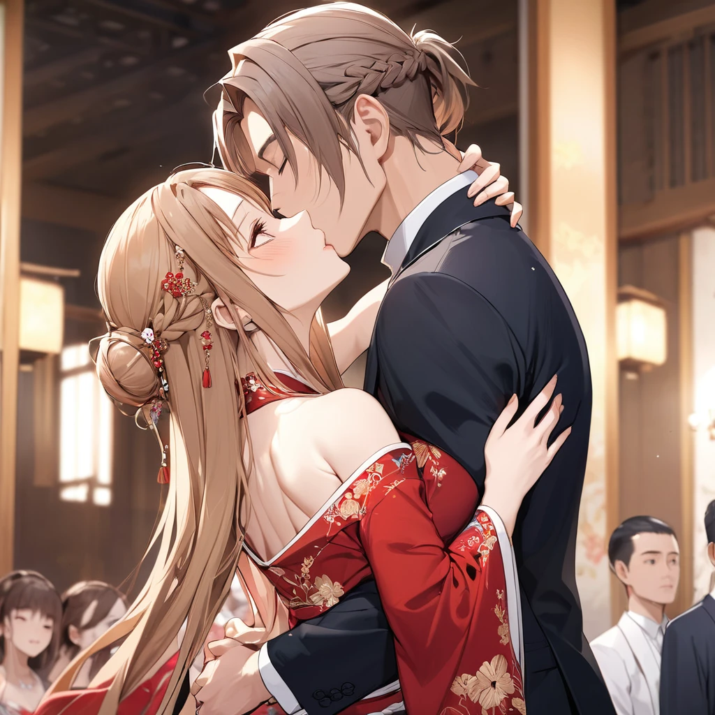 ((Highest quality)), ((masterpiece)), (detailed), （Perfect Face）、The woman was Yuuki Asuna, with her light brown, medium-long hair tied up in a bun. She was wearing a gorgeous red wedding kimono with gold embroidery and trim, and was adorned with gorgeous accessories and an engagement ring.、The woman and a handsome, dignified middle-aged Chinese man embrace each other, kiss each other, and hold a grand wedding ceremony.