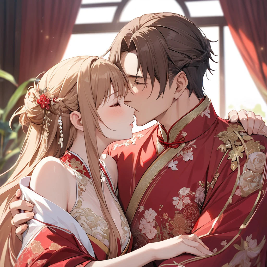((Highest quality)), ((masterpiece)), (detailed), (Perfect Face)、The woman was Yuuki Asuna, with her light brown, medium-long hair tied up in a bun. She was wearing a gorgeous red wedding kimono with gold embroidery and trim, and was adorned with gorgeous accessories and an engagement ring.、The woman and a handsome, dignified middle-aged Chinese man embrace each other, kiss each other, and hold a grand wedding ceremony.