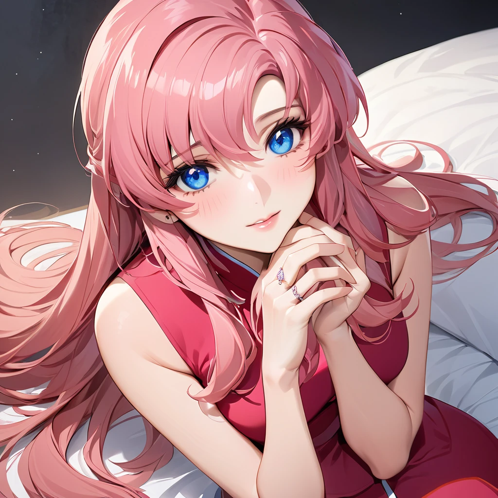 ((Highest quality)), ((masterpiece)), (detailed), （Perfect Face）、The woman is Lacus Clyne, who is married to a Chinese man, and is an ordinary Chinese woman with blue eyes, pink hair, and medium-long hair, wearing an engagement ring.