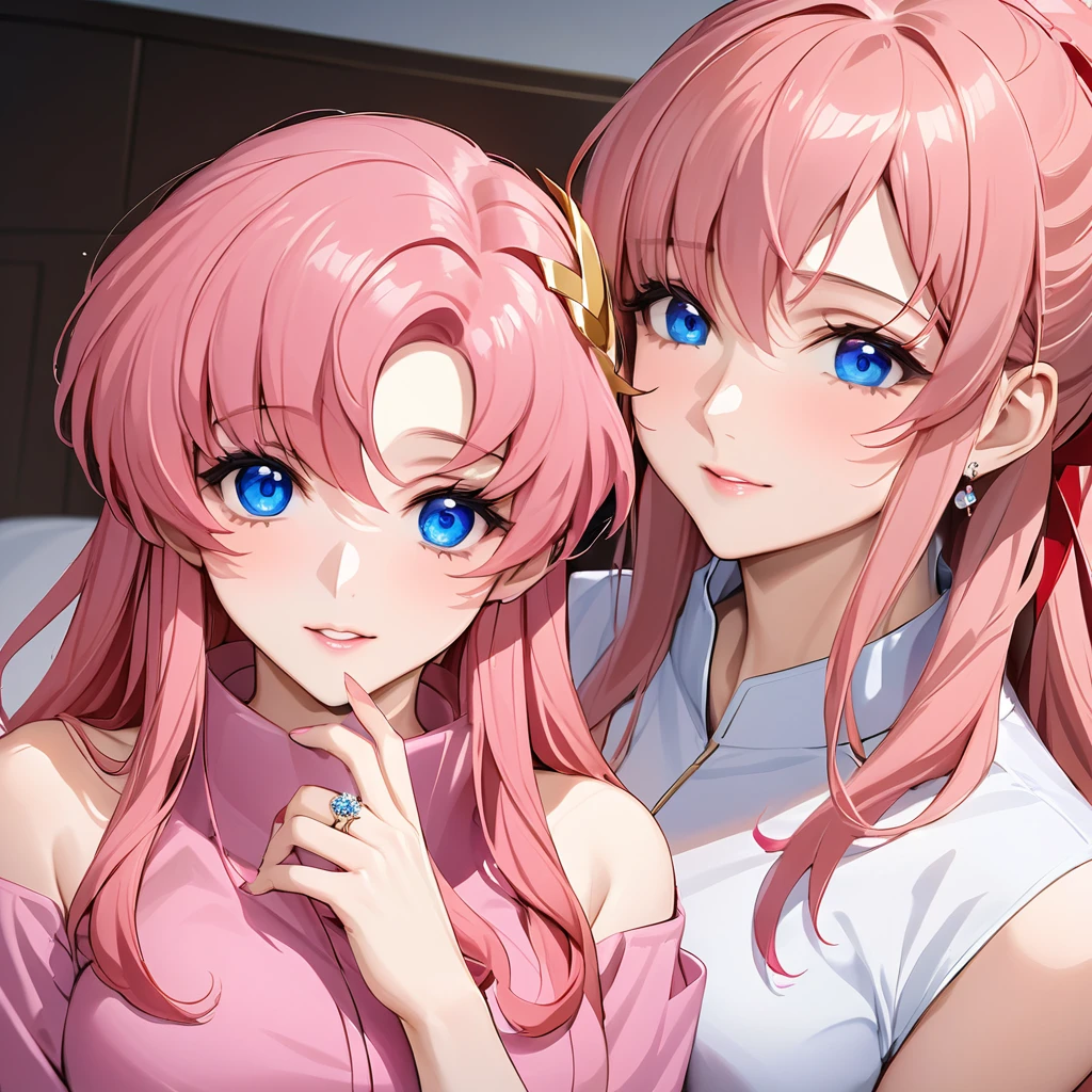 ((Highest quality)), ((masterpiece)), (detailed), (Perfect Face)、The woman is Lacus Clyne, who is married to a Chinese man, and is an ordinary Chinese woman with blue eyes, pink hair, and medium-long hair, wearing an engagement ring.