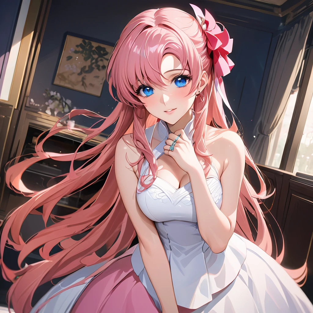 ((Highest quality)), ((masterpiece)), (detailed), （Perfect Face）、The woman is Lacus Clyne, who is married to a Chinese man, and is an ordinary Chinese woman with blue eyes, pink hair, and medium-long hair, wearing an engagement ring.