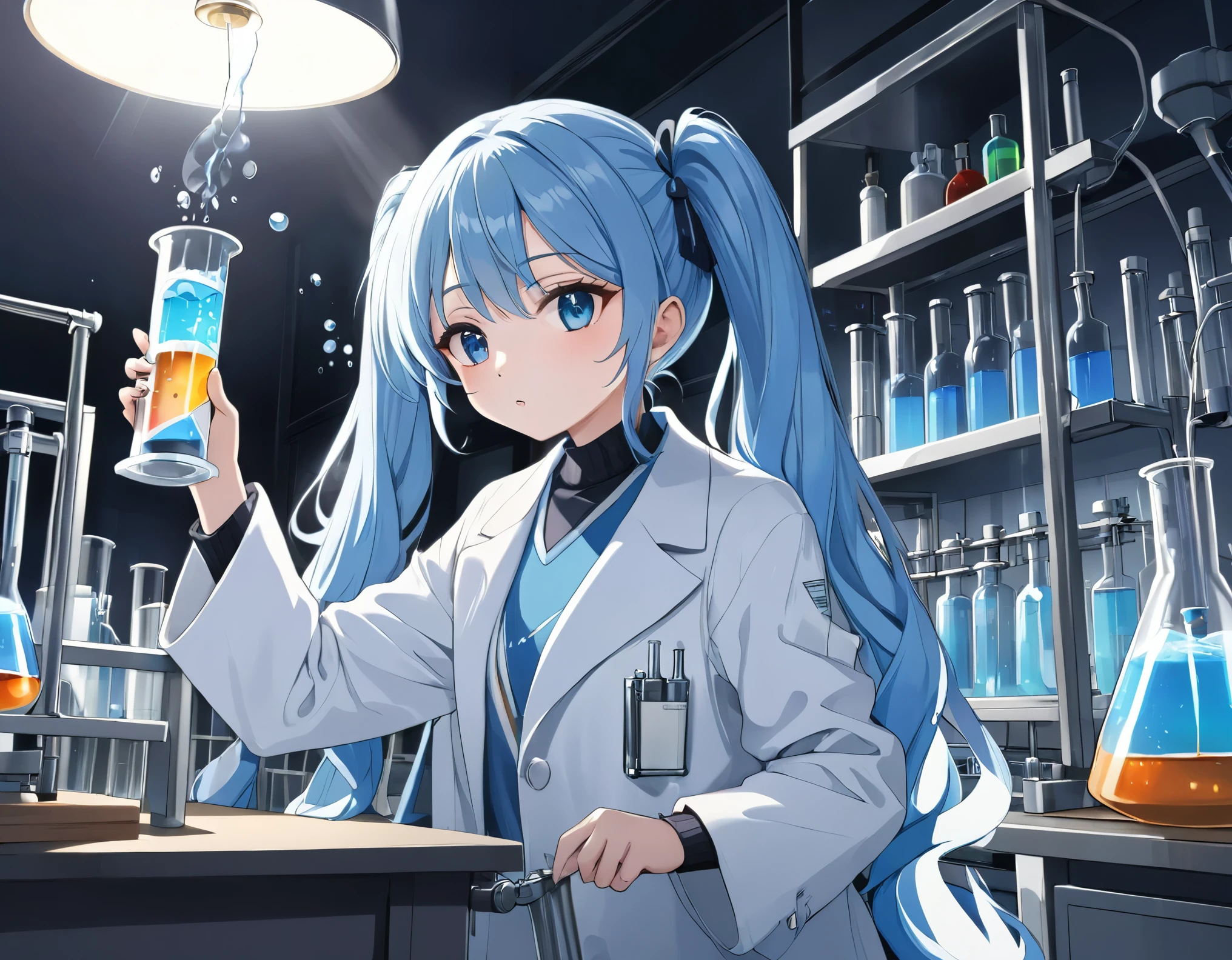 Light blue long hair、Beautiful girl with twin tails、Wearing a white coat during a chemical experiment、Serious face、Laboratory、beaker、flask、Graduated cylinder、Alcohol lamp、