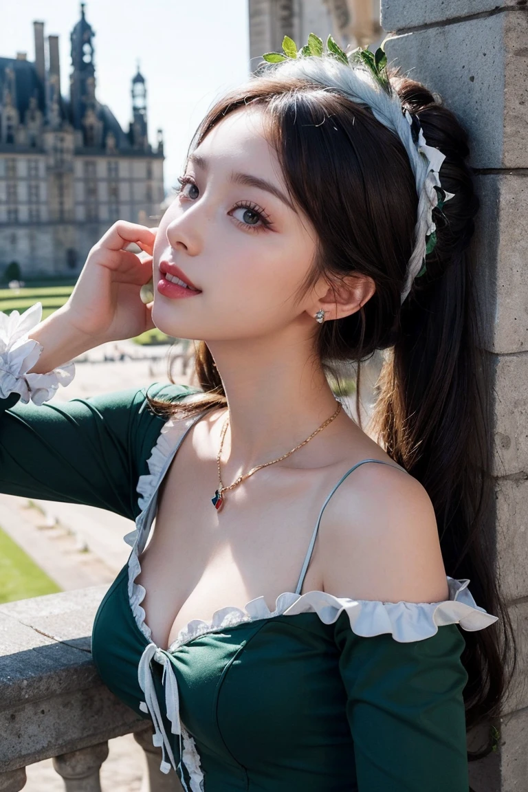 ((Looking out from the tower of Chambord Castle:1.3)), light makeup, red lips, beautiful hair, Black hair, (Medium Hair:1.3), elegant, soft lighting, Very fine details, masterworks, authentic texture, perfect work, (1 girl), (One Woman), 16k, high resolution, exquisite features, brown eyes, (Ultra-high resolution eye:1.1), Japanese idol, beautiful face, ((artists work)), (gentle smile like a goddess), attractive, well-shaped breasts, beautiful cleavage, shiny skin, smooth skin, BREAK, (Dark-green Marie Antoinette Costume Dress:1.3), BREAK, earrings, necklace, Peacock feather headdress, BREAK, upper body, Standing position, model pose, (lovely smile), ((Asking for a kiss:1.4)),Low Angle Shot