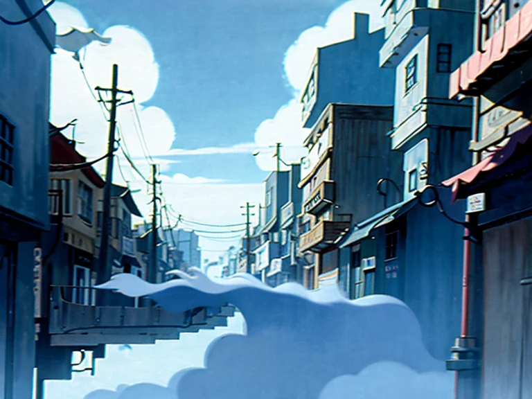 DVD screengrab from studio ghibli movie, city street, street view, clouds on blue sky, designed by Hayao Miyazaki, retro anime