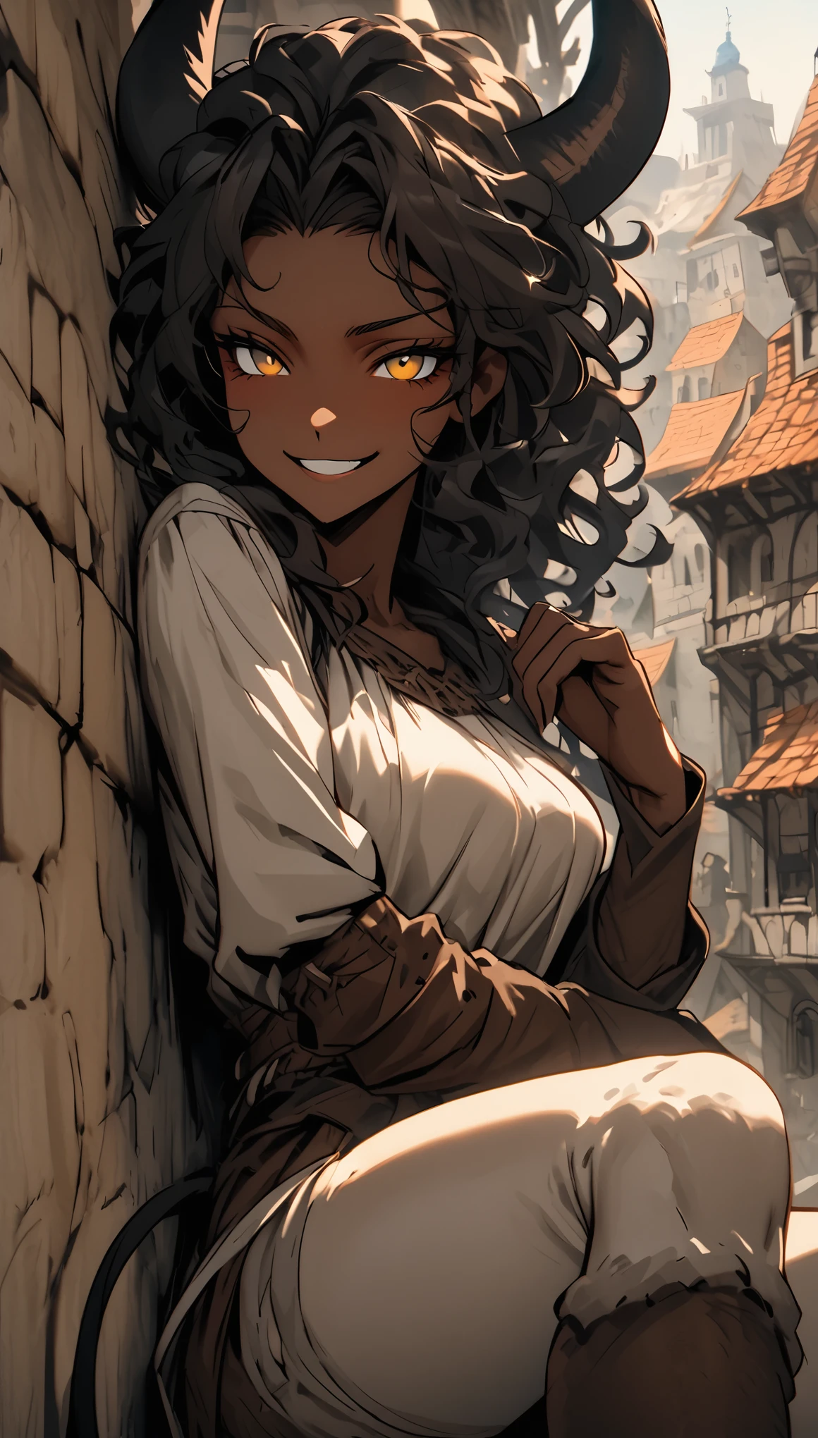 solo, female, close up, warm deep brown skin, muscular, golden eyes, wild hair, black hair, shoulder-length hair, curly hair, broad shoulders, curved black horns, very tall, large breasts, simple tight medieval clothes, shorts, medieval, town, cow tail:1.4, minotaur girl, tomboy, cocky smile, young, lying on wall, pinup pose, greek architecture, furry shins, hooves