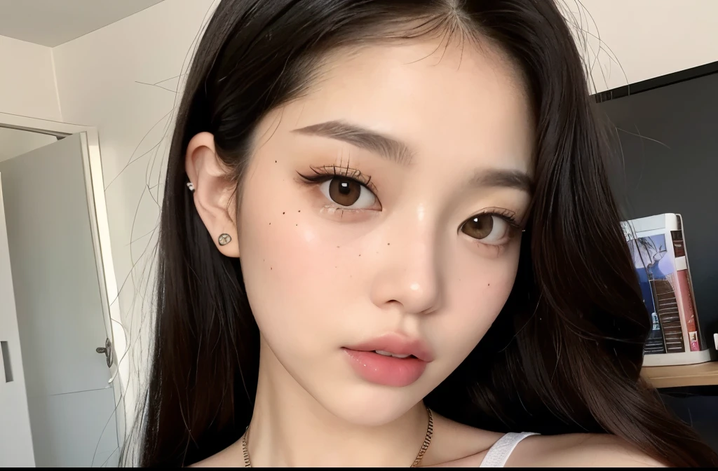Kim Jennie with black hair, with curls, Brown eyes, pretty eyes, He, pretty lips, pink lips, Heart and cupid shaped lips, Beautiful skin, pale white skin, with moles and freckles all over his face, soft pink blush on cHeeks, douyin makeup, popular korean makeup, with a necklace, while wearing a white shirt, with summer shorts, thin abdomen, (big breasts, deep neckline), VHS style photo, old picture, autophoto, looking to tHe camera