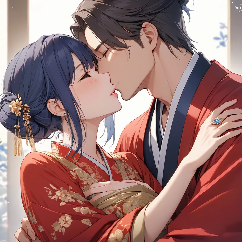 ((Highest quality)), ((masterpiece)), (detailed), （Perfect Face）、The woman, Akane Kurokawa, has short, blue bob hair tied up in a bun, is wearing a gorgeous red wedding Hanfu with gold embroidery and trim, and is lavishly dressed with gorgeous accessories and an engagement ring.、The woman and a handsome, dignified middle-aged Chinese man embrace each other, kiss each other, and hold a grand wedding ceremony.