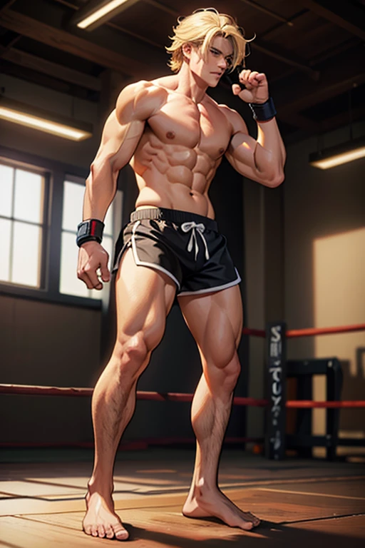 blond man, messy hair,Big and muscular body, black training shorts, training muay thai ,full body,