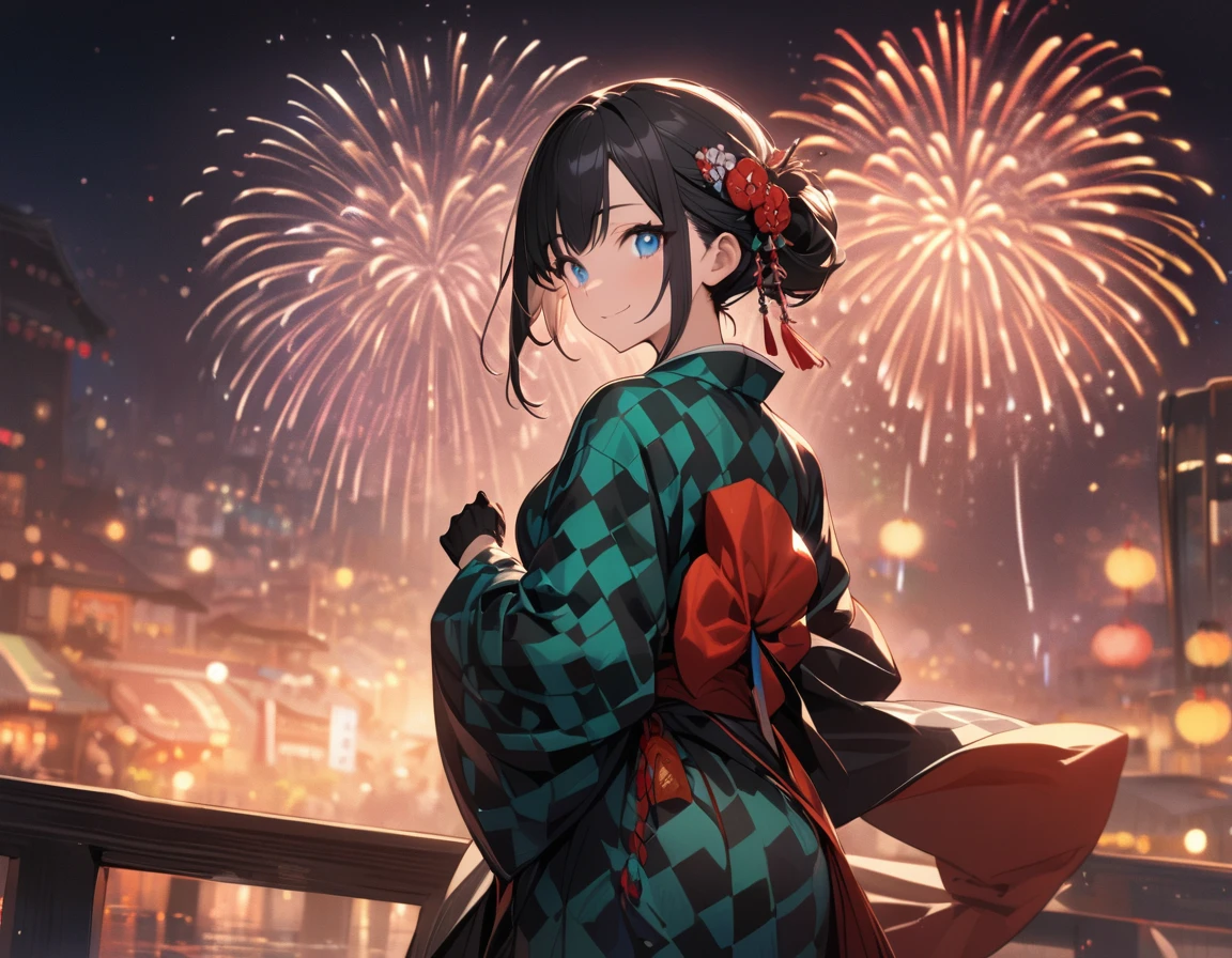 1 girl,amazing quality, aesthetic,ultra-detailed face,detailed eyes,lash extension,sparkling blue eyes ,checkered pattern green yukata decorated with race,Japanese clothes,(long sleeve, long hem),race black gloves,smile,half updo,Goldfish shaped kanzashi hairpin,black hair,cowboy shot,Looking back at the viewer,night, (fireworks:1.4) in the sky,very wide shot, masterpiece, top quality, highly detailed illustration, incredibly delicate and beautiful