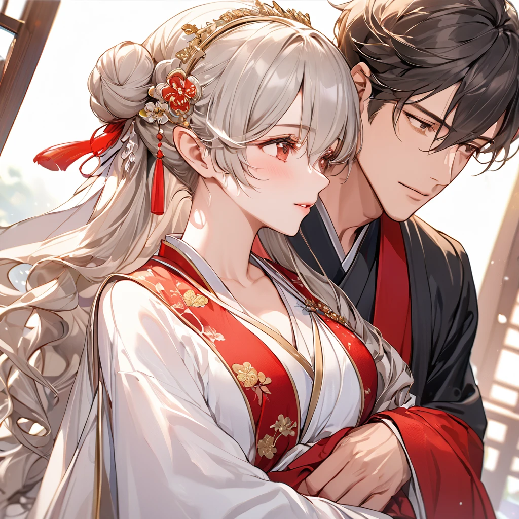((Highest quality)), ((masterpiece)), (detailed), (Perfect Face)、The woman has her medium-long silver hair tied up in a bun, is wearing a gorgeous red wedding Hanfu with gold embroidery and trim, and is lavishly dressed with gorgeous accessories and an engagement ring.、The woman and a handsome, dignified middle-aged Chinese man embrace each other, kiss each other, and hold a grand wedding ceremony.