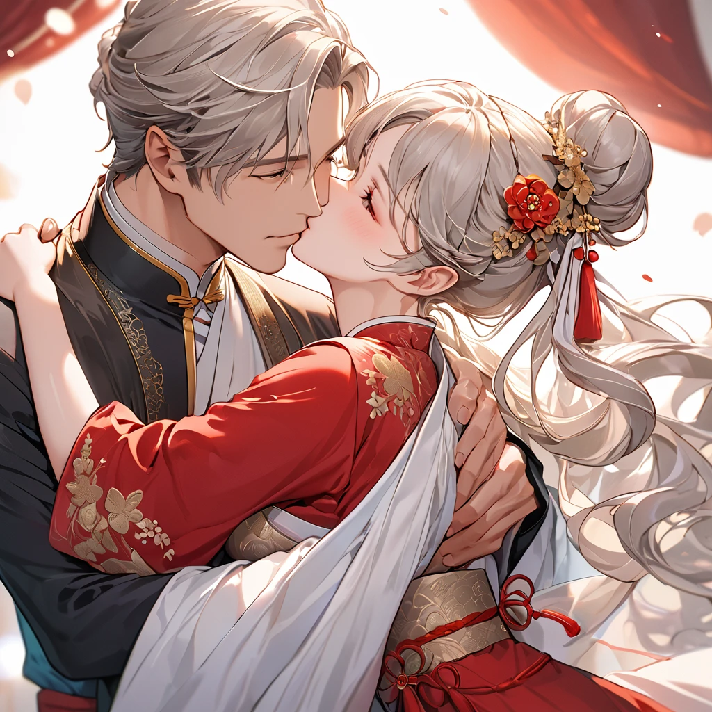 ((Highest quality)), ((masterpiece)), (detailed), (Perfect Face)、The woman has her medium-long silver hair tied up in a bun, is wearing a gorgeous red wedding Hanfu with gold embroidery and trim, and is lavishly dressed with gorgeous accessories and an engagement ring.、The woman and a handsome, dignified middle-aged Chinese man embrace each other, kiss each other, and hold a grand wedding ceremony.