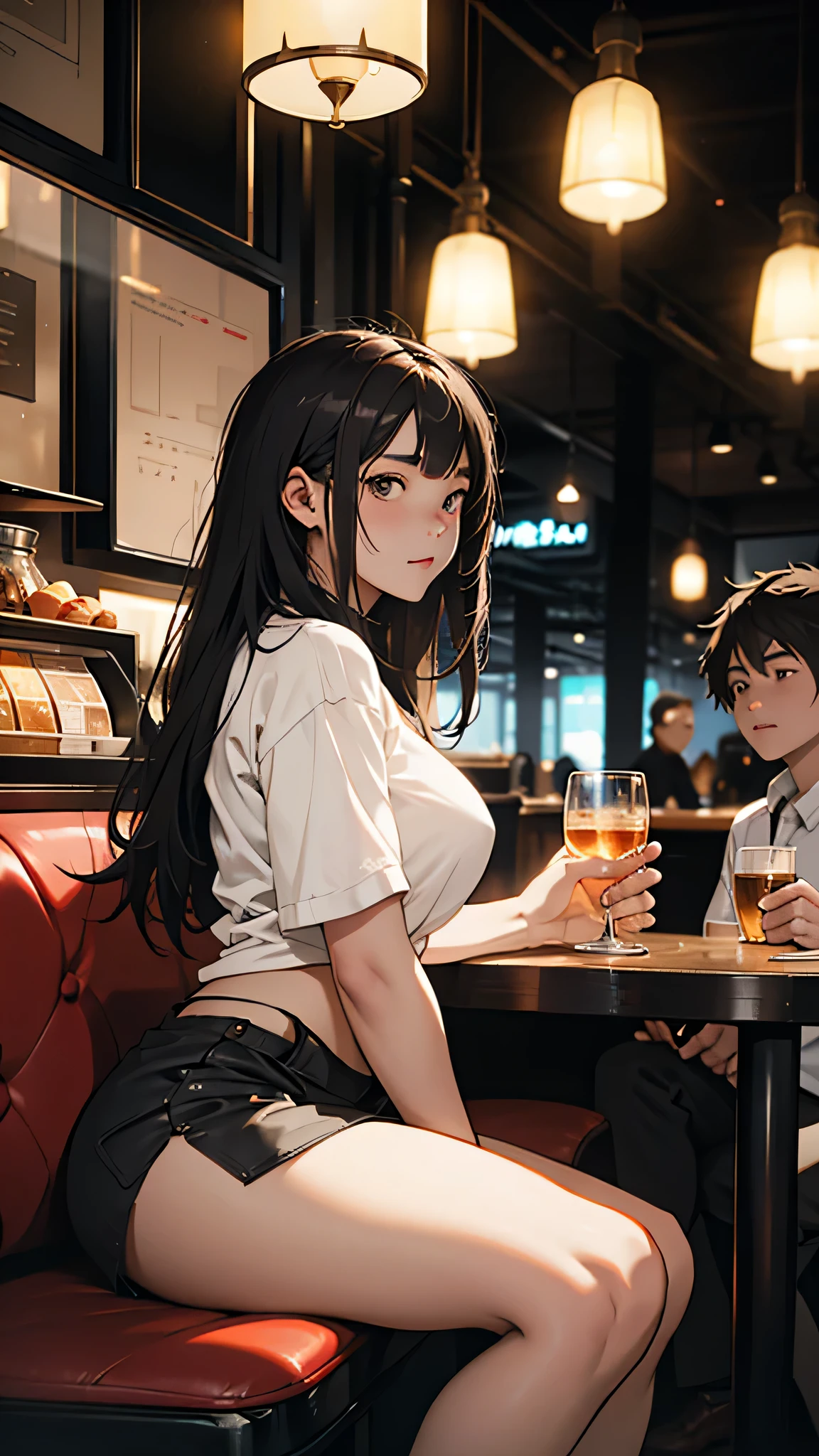 Young couple sitting in a cafe.. The girl is wearing short clothes with, big hips, Colorful lights are burning in the cafe. moody color, Sharpness