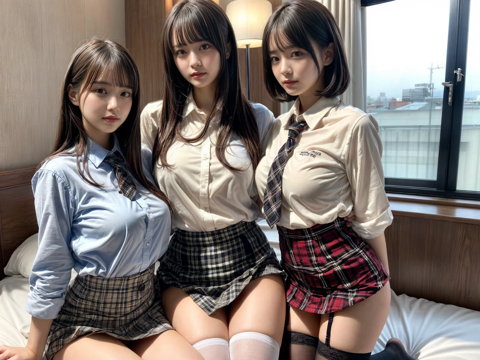 masterpiece, best quality, illustration, Super detailed, fine details, High resolution, 8K,wall paper, perfect dynamic composition,(Details High quality, realistic depiction of eyes:1.3), (3 girls), (white school shirt :1.2), (plaid skirt :1.3), tie black, black thigh-high stockings, sitting, open legs, short bob hair, in a hotel room in the background, deep on field, large breasts, black hair color, Big Natural Color Lip, (perfect body shape), crying a little、Harajuku style、20 year old girl、cute type、beautiful legs, Gravure Idol