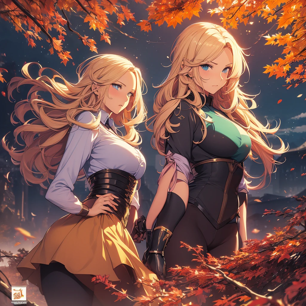 Illustration of a young, female teacher in an anime style. She has long, wavy blonde hair with pink highlights, wearing a light blue, ruffled blouse and a black corset over skinny tight jeans the color of a dark green. She is wearing black riding boots. Her expression is serious and slightly surprised. She has blue eyes and extends her hand forward holding a blue book with golden characters on the cover. The background shows a landscape transitioning from autumn to winter, with trees bearing both colorful autumn leaves and frosty branches, under a chilly, overcast sky.