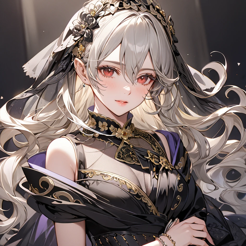 ((Highest quality)), ((masterpiece)), (detailed), (Perfect Face)、The woman is a Kamuy, a beautiful dark bride with medium-long silver hair, wearing a gorgeous black wedding dress with gold embroidery and trim, a black wedding veil, and an engagement ring.