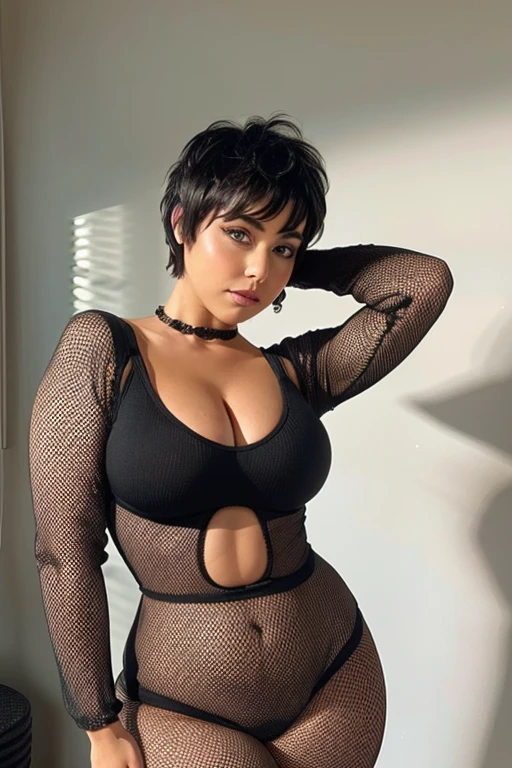 realistic full body image of sexy tiny short small pixie-cut bobbed haired, Sarah Hyland, voluptuous curvaceous thick buxom with massive curves. weaing see-through fishnet body suit