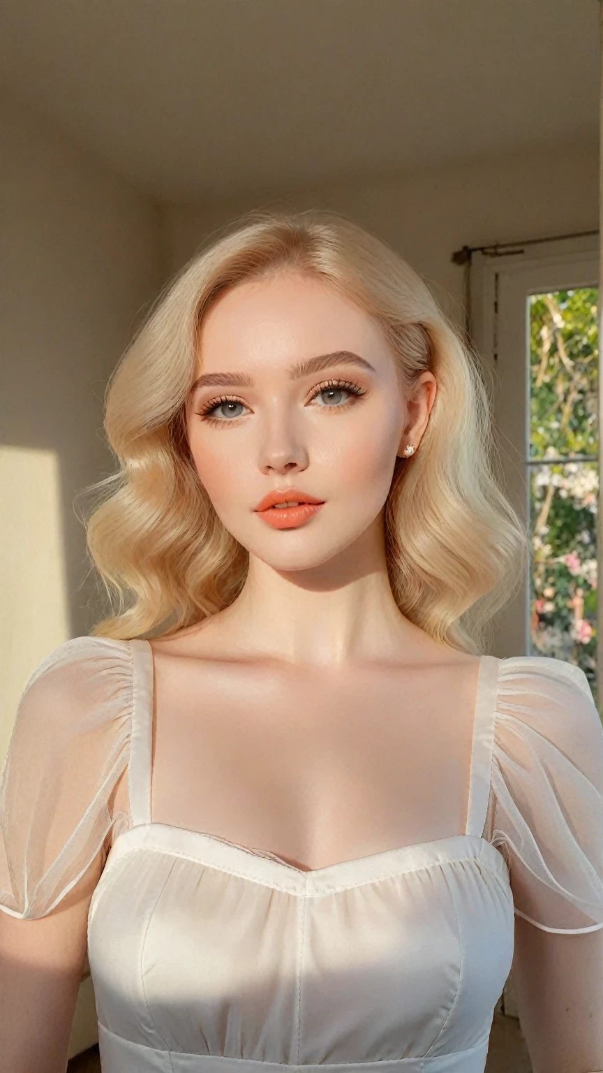 Arafed woman in a white dress posing for a photo., Pale skin cabello rubio rizado, A girl with blonde hair., Anastasia Ovchinnikova, Pale skin y brillante, beautiful delicate face, bright peach face, Pale skin suave natural, delicate pale pink lips, Pale skin, smooth and impeccable, beautiful delicate face, a beautiful blonde, Instagram Template