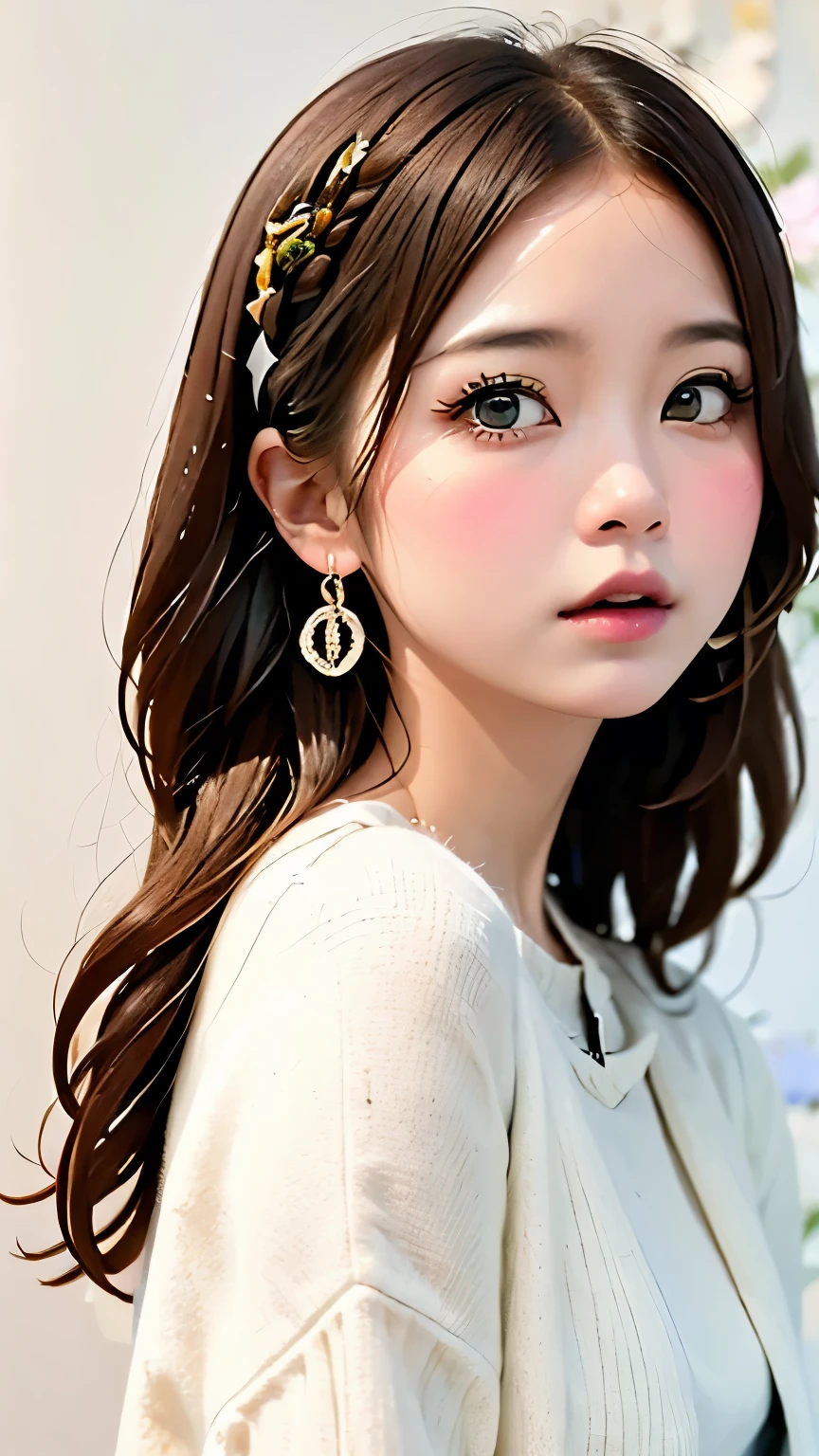 rainbow, One Girl, alone,very cute, Long Hair, View Audience, Blue Eyes Background, White Background, jewelry, Mouth closed, Jacket, Upper Body, Pink Hair, Earrings, Pink Eyes, necklace, From the side, sweater, lips, eyelash, Compensate, Wavy Hair, Earrings, cross, lipstick, 耳のEarrings, eye shadow, hoop Earrings, ピンクのlips, Variegated eyes, Pink Theme, , ピンクのeye shadow,