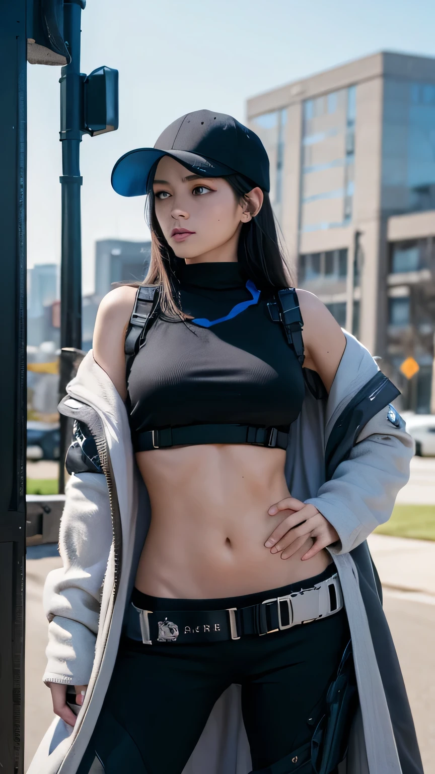 (masterpiece, best quality:1.2), Cowboy shooting, Solitary, 1 Girl, Yarn weaving \(Blue Files\), Looking at the audience, Long hair, Black Hair, Baseball cap, blue eyes, Open clothes, Off-shoulder, coat, Top of crop, Chest harness, Black pants, Thigh Holster, (sexy, erotic, large breast, slim waist, big ass, holding gun, weapon, firearms)