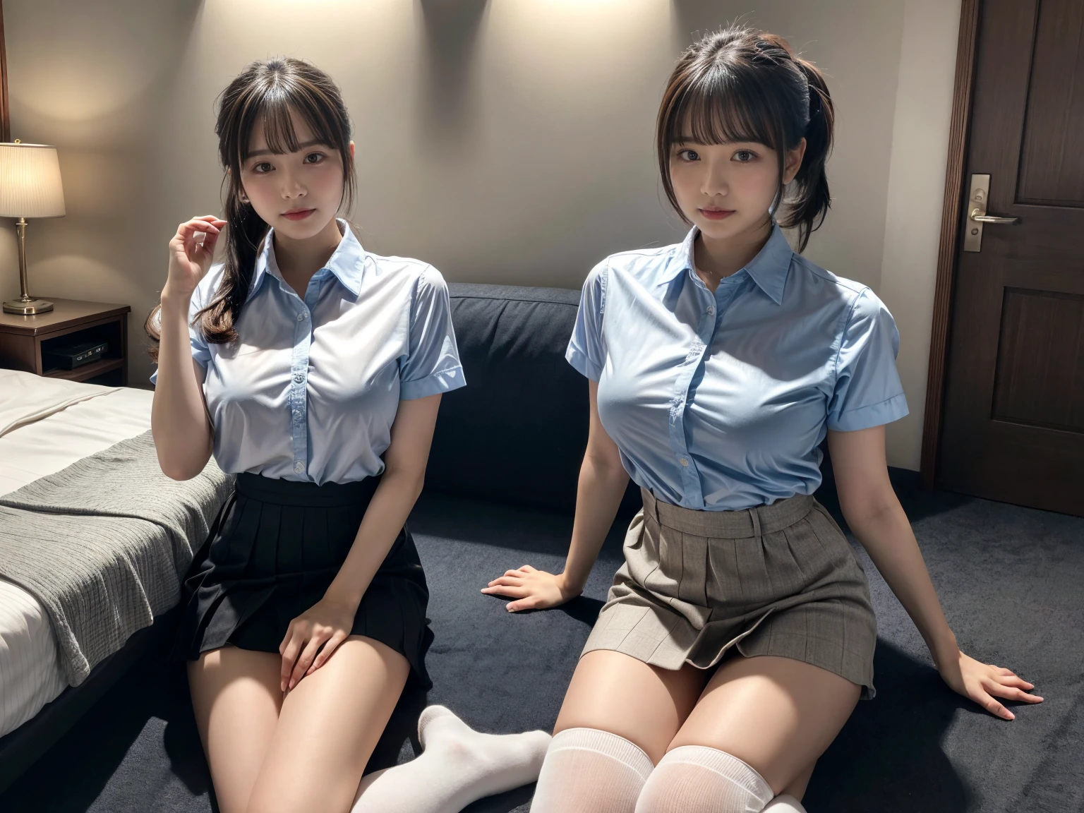 (high quality)、(high resolution)、Two  high school students、Looking at me with a smile、whole body、Big Breasts、See-through sleeveless shirt with buttons and collar、Tight mini skirt、Erect nipples、(Lift your chest with both hands:1.1)、I can see your belly、Lie on your back on the bed