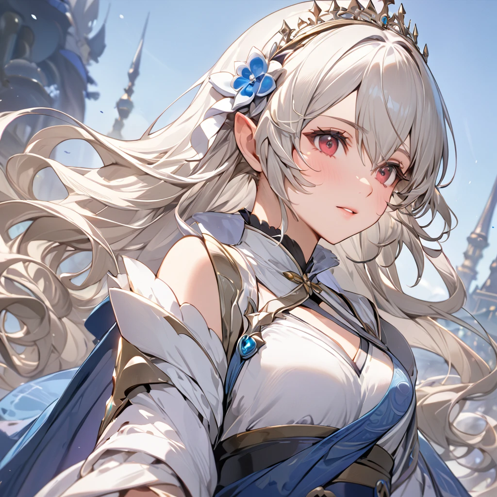 ((Highest quality)), ((masterpiece)), (detailed), （Perfect Face）、The woman is Kamui, a princess with medium-long silver hair.