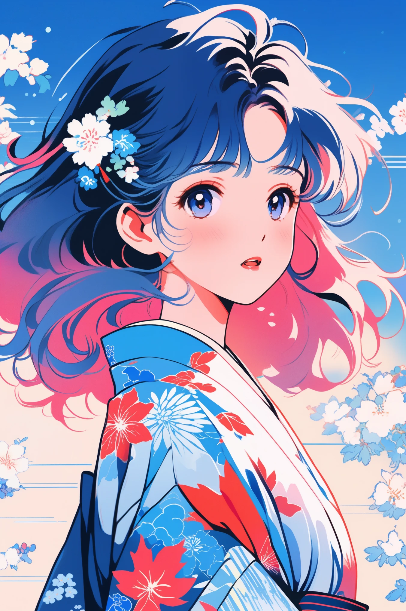 Illustrator, anime , Realistic ,sketch , One girl, ,lip, sweater,order, Blue gradient background, Neon Hair,textured crop, Canadian, (masterpiece,Highest quality),Background summer、Summer festival、Wearing a yukata