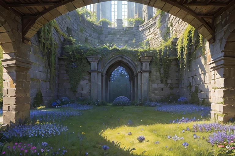 extremely overgrown haven walled off from the world with very tall dilapidated stone walls, spacious rectangular enclosed interior with tall grass, blue daisies flowers, sharp focus, detailed, best quality