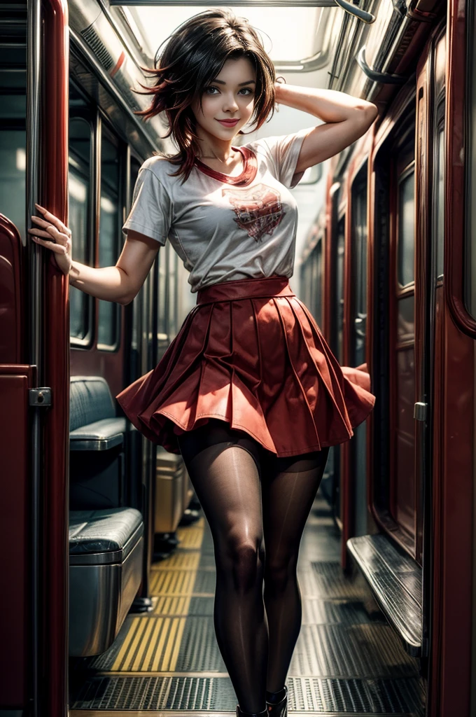 (masterpiece, best quality:1.2), cowboy shot, solo, dynamic pose, 1girl, ruby rose, looking at viewer,  t-shirt, red skirt, pantyhose, standing in train, crowd, smile