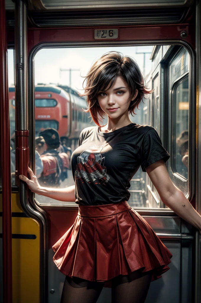 (masterpiece, best quality:1.2), cowboy shot, solo, dynamic pose, 1girl, ruby rose, looking at viewer,  t-shirt, red skirt, pantyhose, standing in train, crowd, smile