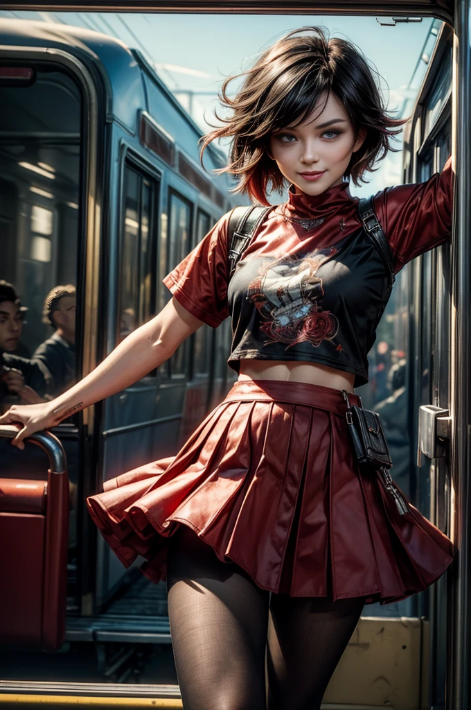 (masterpiece, best quality:1.2), cowboy shot, solo, dynamic pose, 1girl, ruby rose, looking at viewer,  t-shirt, red skirt, pantyhose, standing in train, crowd, smile