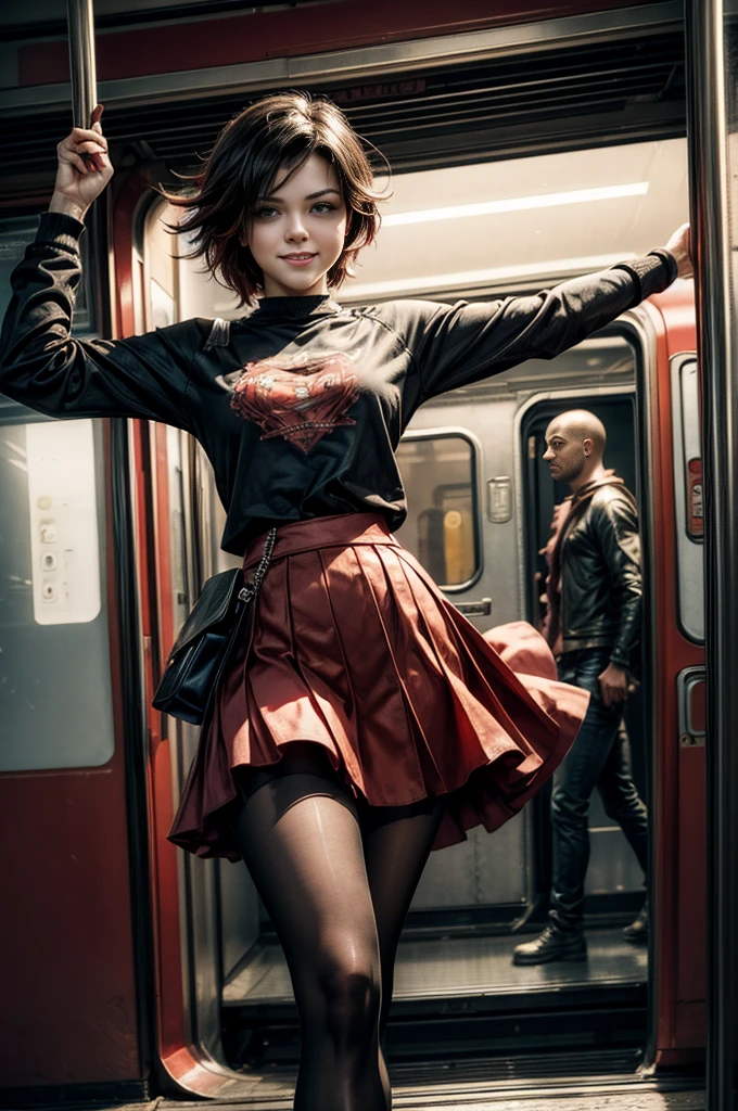 (masterpiece, best quality:1.2), cowboy shot, solo, dynamic pose, 1girl, ruby rose, looking at viewer,  t-shirt, red skirt, pantyhose, standing in train, crowd, smile