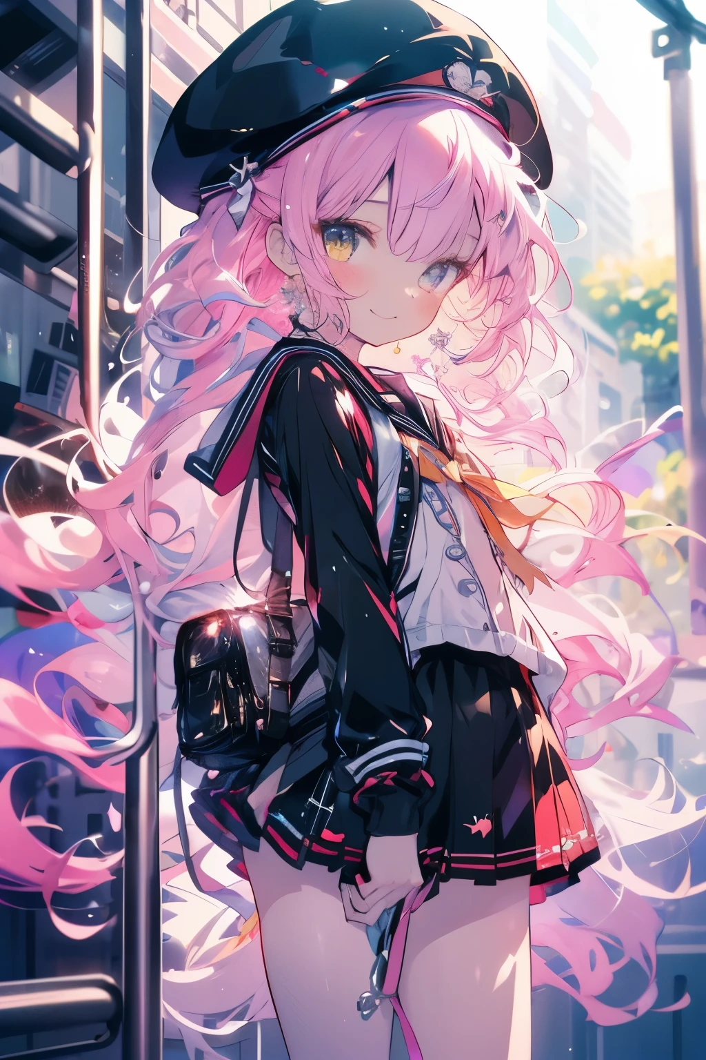 masterpieces.((Highest quality)), ((masterpiece)), (detailed), One girl, Pink Hair、Long Hair、Fair skin、White dresasterpiece、smile、Yellow Eyes、Anime Girls, 魅惑的なAnime Girls, Small curves , Beautiful and attractive anime teen, Highest rated on pixiv, Pixiv 3DCG, 非常にdetailed,、Young Girl、Virgins、Sailor suit、beret