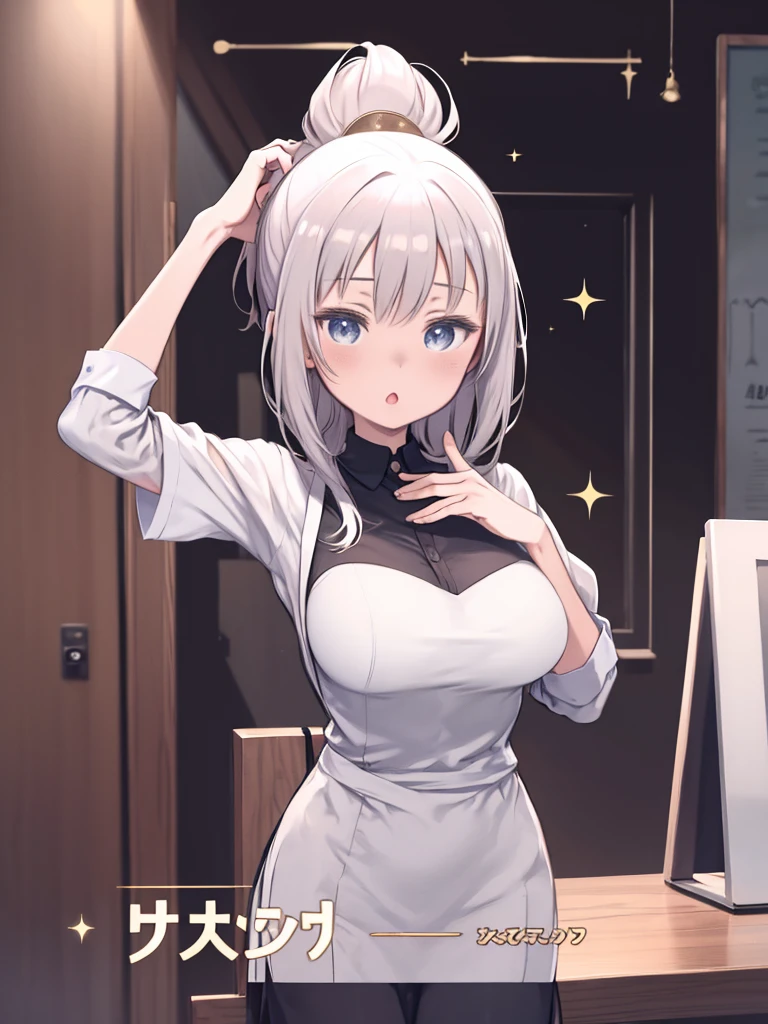 Anime Art Wallpapers 8K, 4K Anime Style, Anime Wallpaper, One Woman、Cafe Staff、random、Soft impression、Cute atmosphere、Female university student、cute、stylish ambiance、Eyes sparkle、shake your head、coffee、I work at a cafe、ponytail、The corners of the mouth turn up、wave hands、Big Breasts