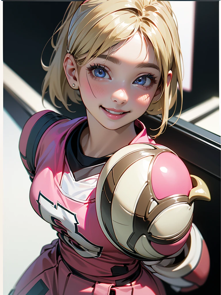 (Highest quality、8k、32K、masterpiece)、(RAW Photos)、(Realisticな)、(High resolution)、Very detailedな、Very beautiful face and eyes、One Girl、Round and small face、Delicate body、(Highest quality、Rich skin detail、Highest quality、8k)、Very detailed、(Realistic、Realistic:1.37)、Vibrant colors、(((Laughter)))、(((blonde)))、(((Side Ponytail)))、(((smile)))、(((Cowboy Shot)))、(((Frame In)))、(((White Background)))、((Medium Hair))、(((Pure white wall background)))、(((blonde)))、(((Wearing a football uniform)))、(((Black and pink uniform)))、(((Uniform with vertical stripes)))、(((Pure white wall background)))、(((Pink clothes))