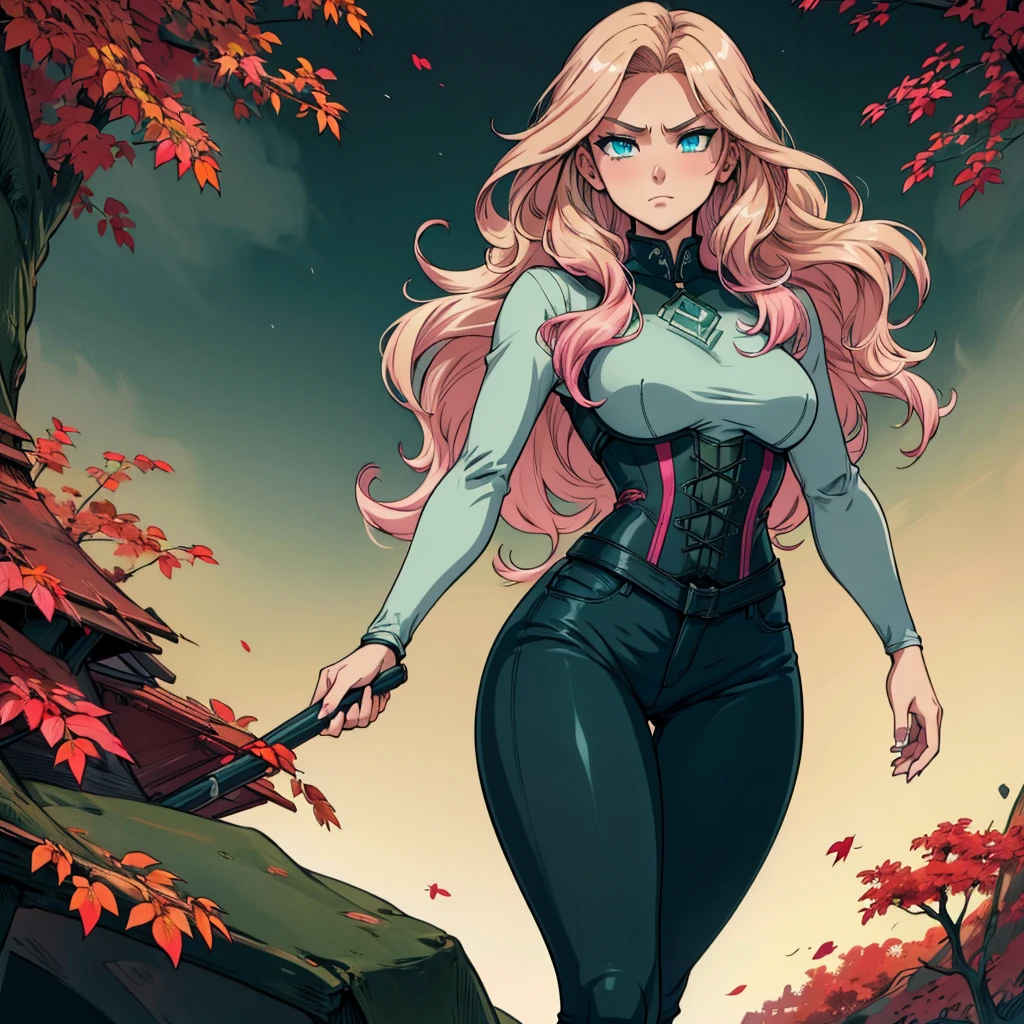 Illustration of a young, female teacher in an anime style. She has long, wavy blonde hair with pink highlights, wearing a light blue, ruffled blouse and a black corset over skinny tight jeans the color of a dark green. She is wearing black riding boots. Her expression is serious and slightly surprised. She has blue eyes and extends her hand forward holding a blue book with golden characters on the cover. The background shows a landscape transitioning from autumn to winter, with trees bearing both colorful autumn leaves and frosty branches, under a chilly, overcast sky.