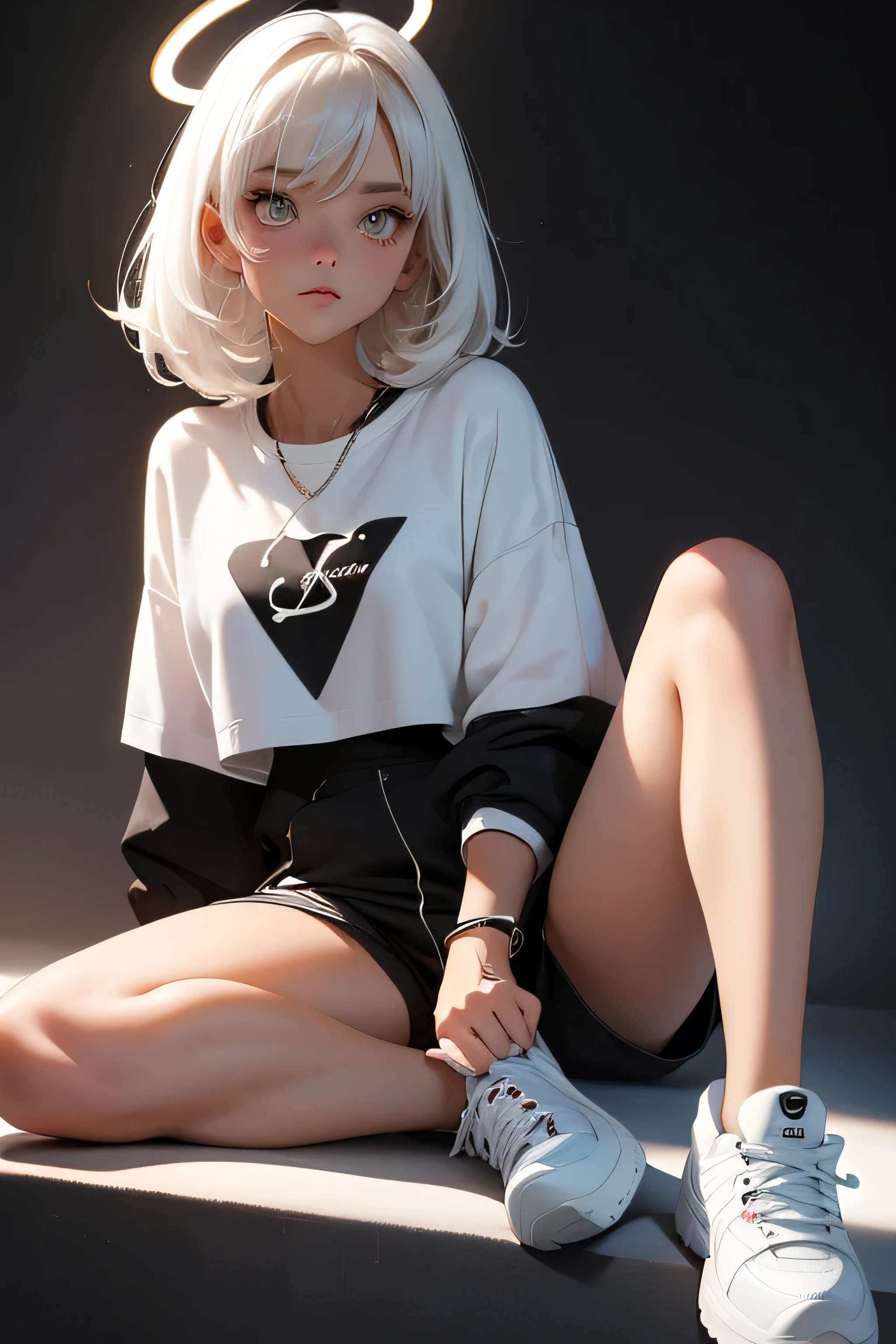 white and black sweatshirt, short shorts, sensuous, sexly, Lighting, Lumiere, ombre, black and white sneakers, neon halo