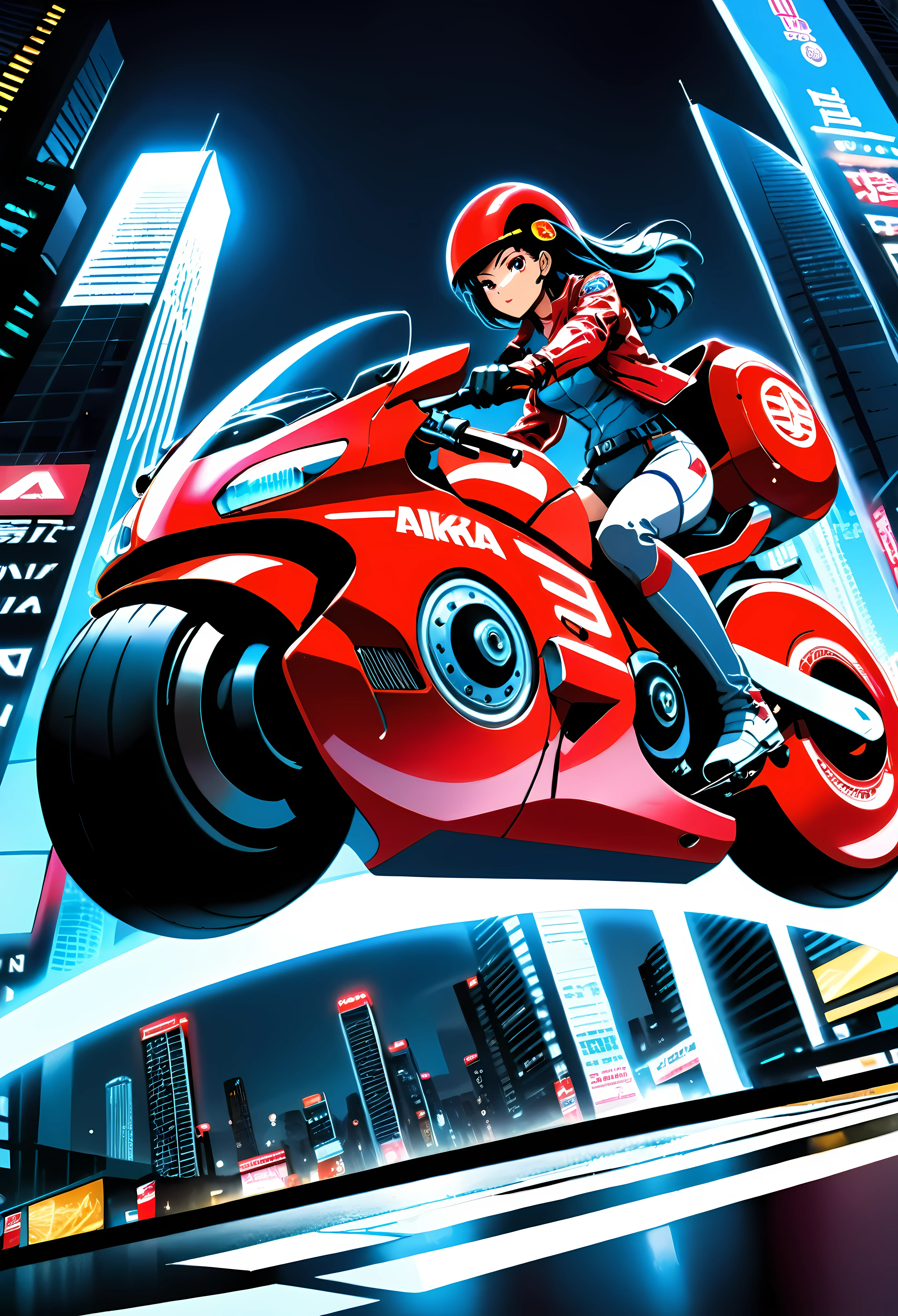 Create a detailed image of a futuristic motorcycle inspired by the iconic bike from the classic Akira manga/anime. The motorcycle should have a sleek, aerodynamic design with a low-slung, elongated body. It should feature a vibrant red color with a glossy finish. The front should have a curved, bubble-shaped windshield, integrated into the bike’s streamlined form. The wheels should be large and chunky, with a futuristic, almost hover-like quality. The front wheel is partially covered by an angular fender, while the rear wheel is exposed, showcasing intricate suspension and mechanical details. The bike should have detailed decals, including logos and futuristic text. The seat should be contoured for a single rider, blending seamlessly into the bike's body. The handlebars should be minimalistic, with advanced digital controls and displays integrated into the design. The background should be a neon-lit cityscape at night, with tall skyscrapers and futuristic elements, evoking a cyberpunk atmosphere. ((Pretty Female bike rider with futuristic neon clothing):1.2). | ((low angle view):1.3), ((perfect_composition, perfect_design, perfect_layout, perfect_detail, ultra_detailed)), ((enhance_all, fix_everything)), More Detail, Enhance.
