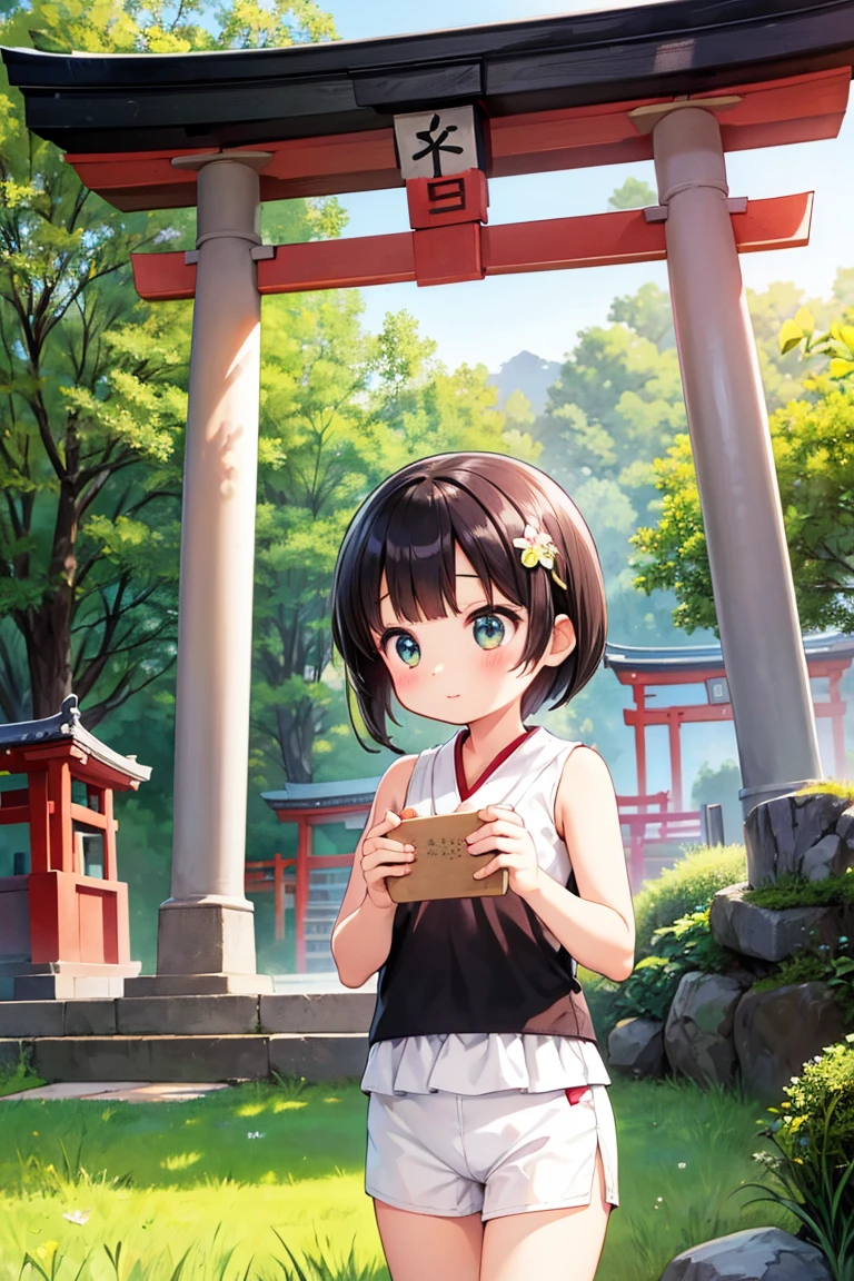 Beautiful illustration, best quality, cute girl, ((Outside a Japanese Shrine)), grass, pastel color, natural tones, black bangs, White tanktop, red running briefs, joyful, bright lighting, big eyes, ((Perfect hands))