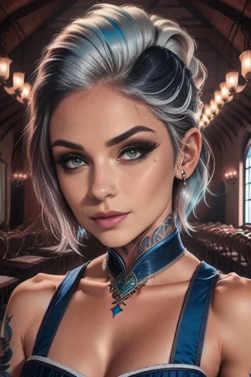 a girl with short white hair dyed blue at the tips, short white hair with blue tips, small breasts, green eyes, detailed face, highly detailed, 8k, very realistic, photorealistic, masterpiece, cinematic lighting, beautiful detailed eyes, beautiful detailed lips, extremely detailed eyes and face, long eyelashes, portrait, fantasy, magical