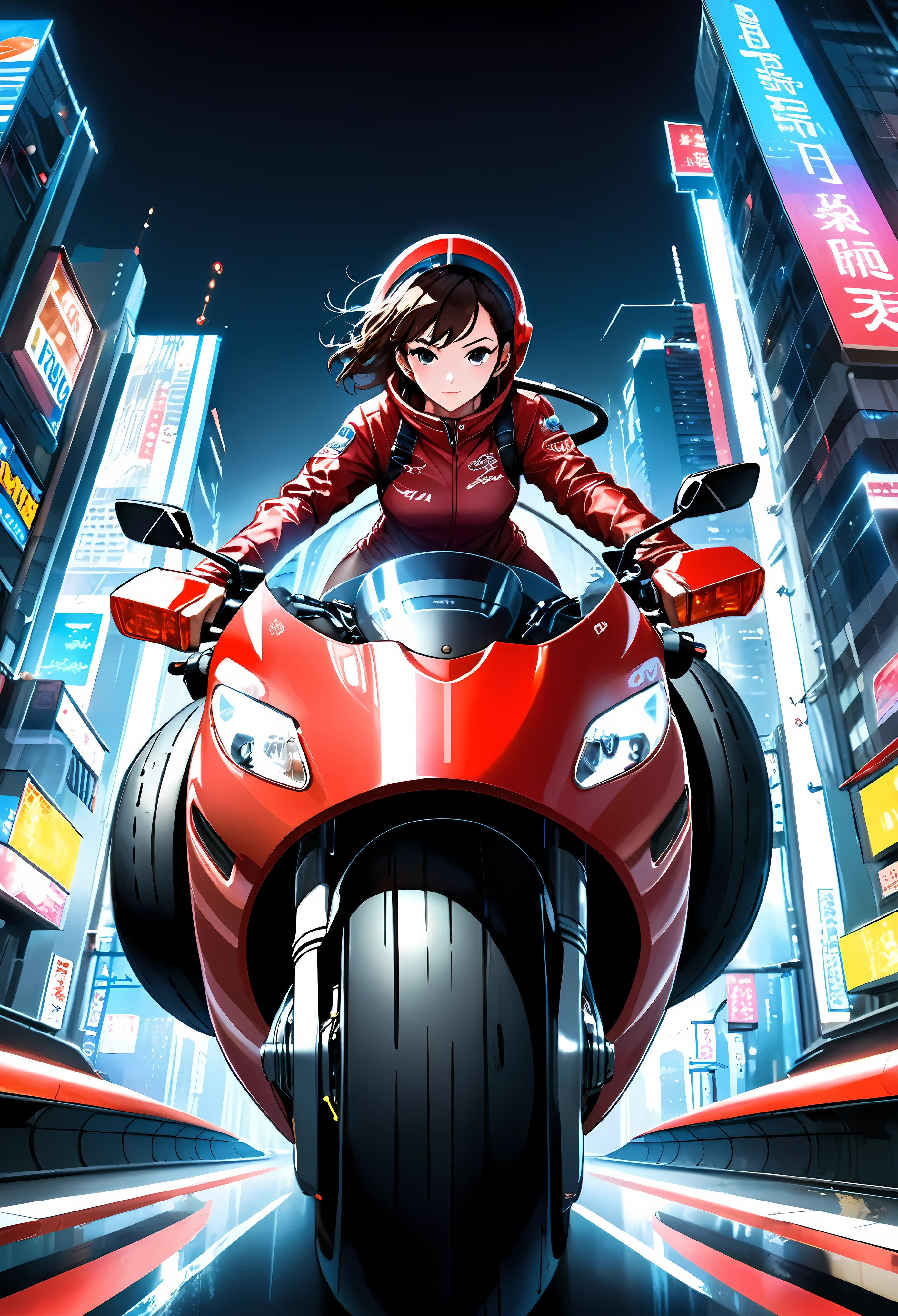 Create a detailed image of a futuristic motorcycle inspired by the iconic bike from the classic Akira manga/anime. The motorcycle should have a sleek, aerodynamic design with a low-slung, elongated body. It should feature a vibrant red color with a glossy finish. The front should have a curved, bubble-shaped windshield, integrated into the bike’s streamlined form. The wheels should be large and chunky, with a futuristic, almost hover-like quality. The front wheel is partially covered by an angular fender, while the rear wheel is exposed, showcasing intricate suspension and mechanical details. The bike should have detailed decals, including logos and futuristic text. The seat should be contoured for a single rider, blending seamlessly into the bike's body. The handlebars should be minimalistic, with advanced digital controls and displays integrated into the design. The background should be a neon-lit cityscape at night, with tall skyscrapers and futuristic elements, evoking a cyberpunk atmosphere. ((Pretty Female bike rider with futuristic neon clothing):1.2). | ((low angle view):1.3), ((perfect_composition, perfect_design, perfect_layout, perfect_detail, ultra_detailed)), ((enhance_all, fix_everything)), More Detail, Enhance.
