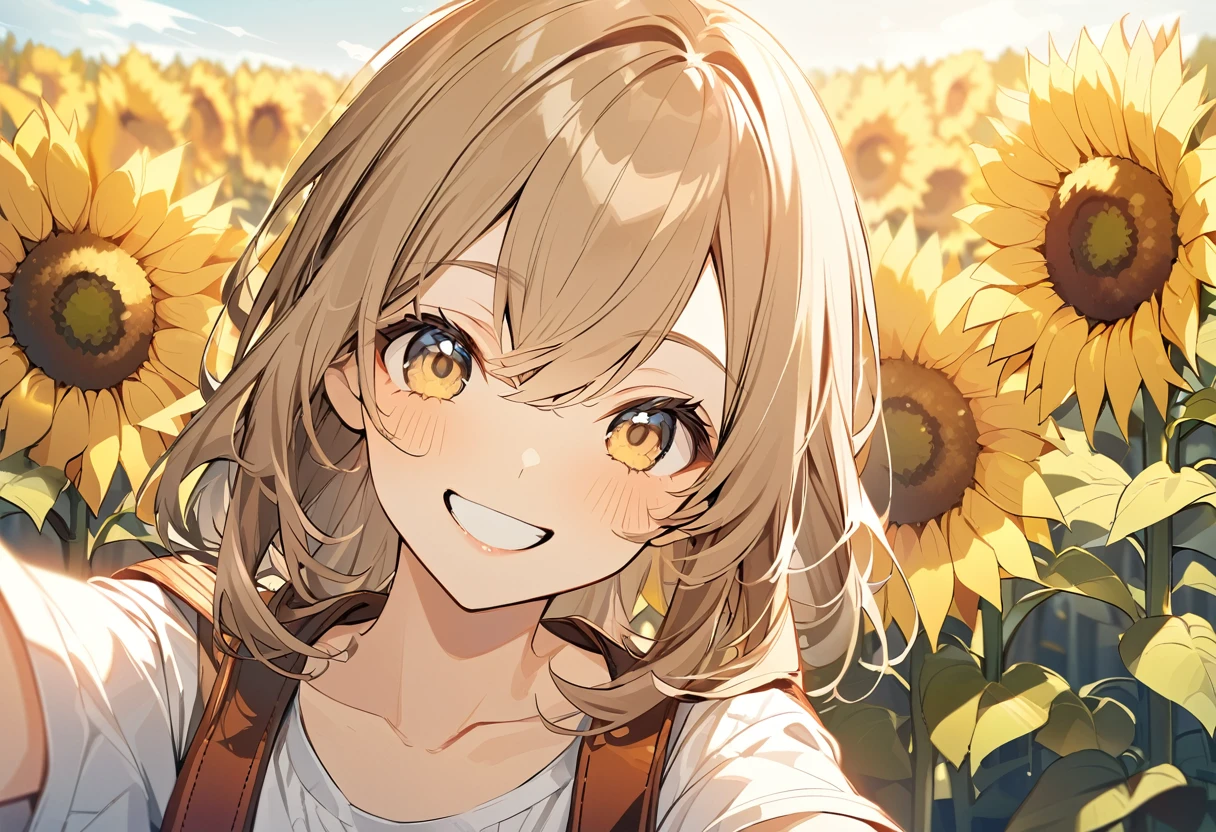 High resolution、Selfie Style、Sunflower field、One Girl,Upper Body,smile,I'I'I'm laughing so hard my eyes are closing,A big smile,Black Hair,length,Shiny Hair, peace_sign