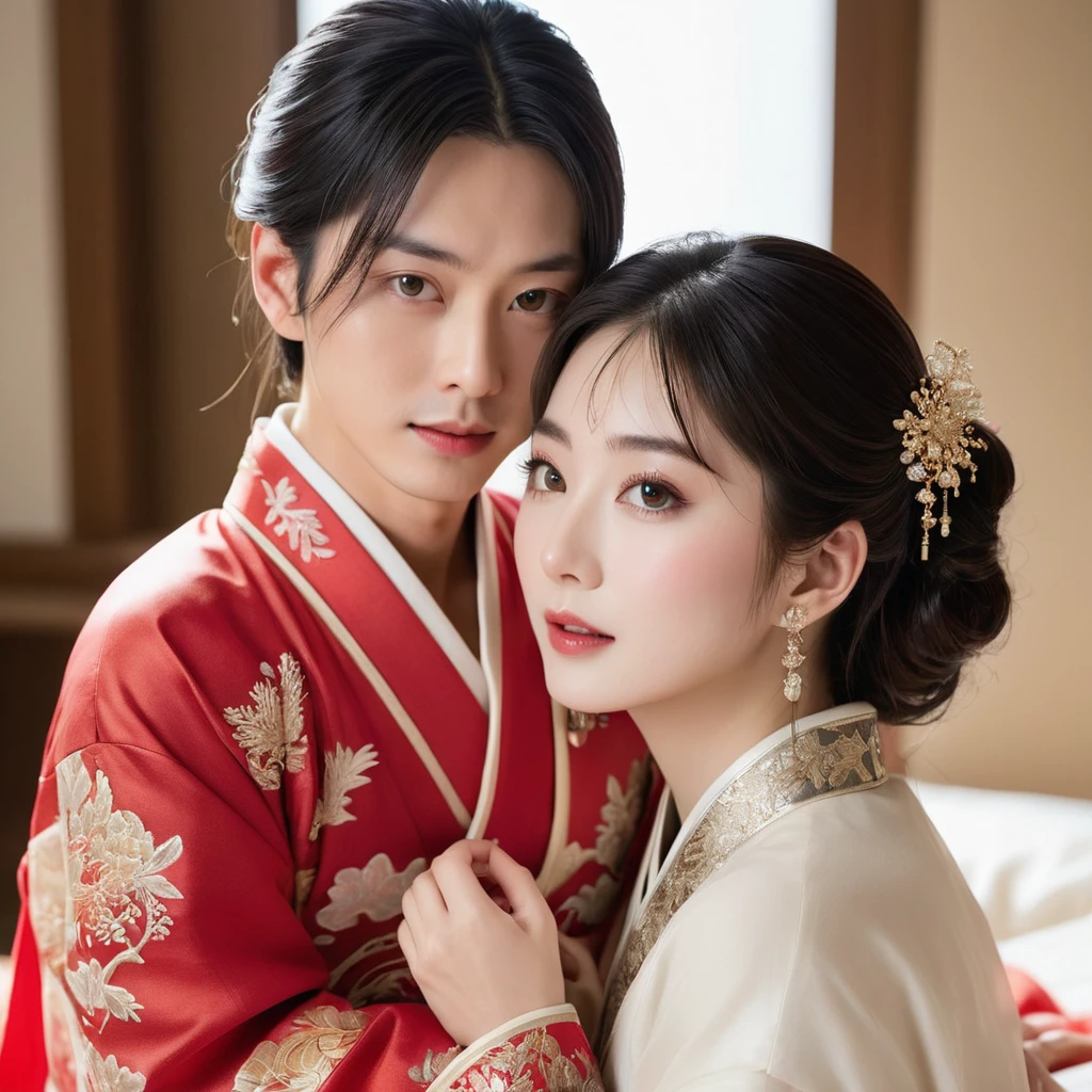 ((Highest quality)), ((masterpiece)), (detailed), （Perfect Face）、The woman is the beautiful Japanese woman, Satomi Ishihara, with large breasts and excellent proportions. She has her medium-long hair tied up and is wearing a gorgeous and glittering red wedding Hanfu with gold embroidery and trimmings. She is lavishly dressed and accessorized with luxurious accessories and an engagement ring.、A woman is embracing and kissing a handsome and dignified middle-aged Chinese man on a luxurious bed in a luxurious Chinese bedroom, making a deep and loving couple.