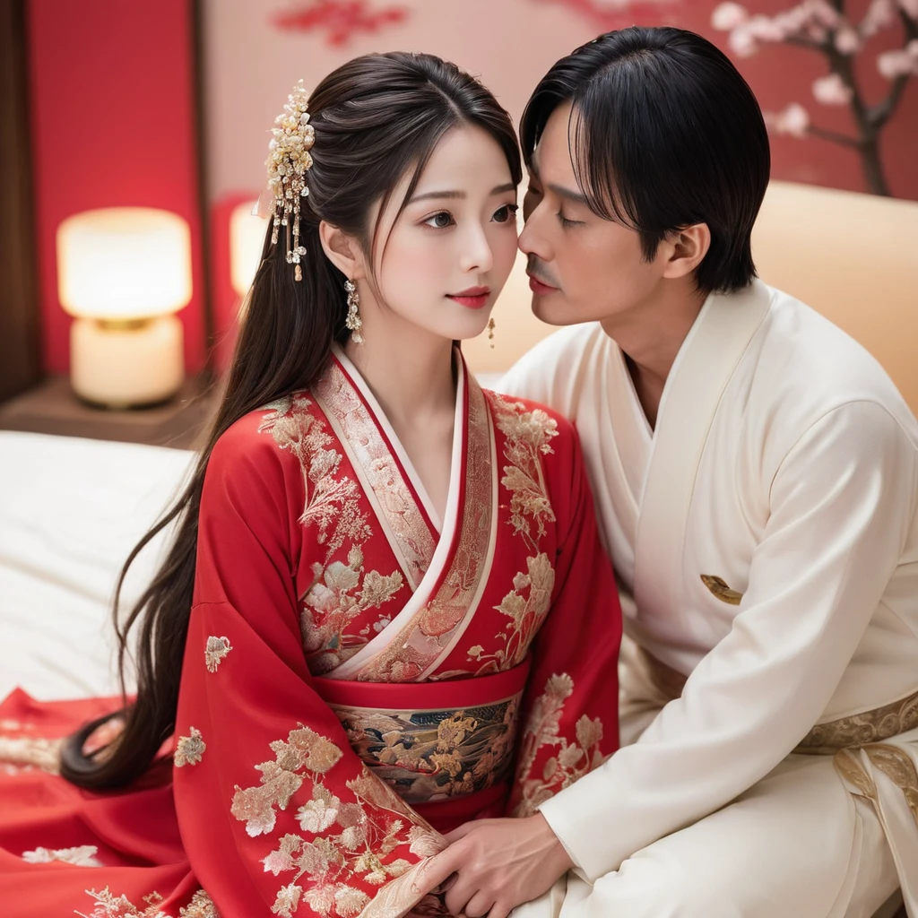 ((Highest quality)), ((masterpiece)), (detailed), (Perfect Face)、The woman is the beautiful Japanese woman, Satomi Ishihara, with large breasts and excellent proportions. She has her medium-long hair tied up and is wearing a gorgeous and glittering red wedding Hanfu with gold embroidery and trimmings. She is lavishly dressed and accessorized with luxurious accessories and an engagement ring.、A woman is embracing and kissing a handsome and dignified middle-aged Chinese man on a luxurious bed in a luxurious Chinese bedroom, making a deep and loving couple.