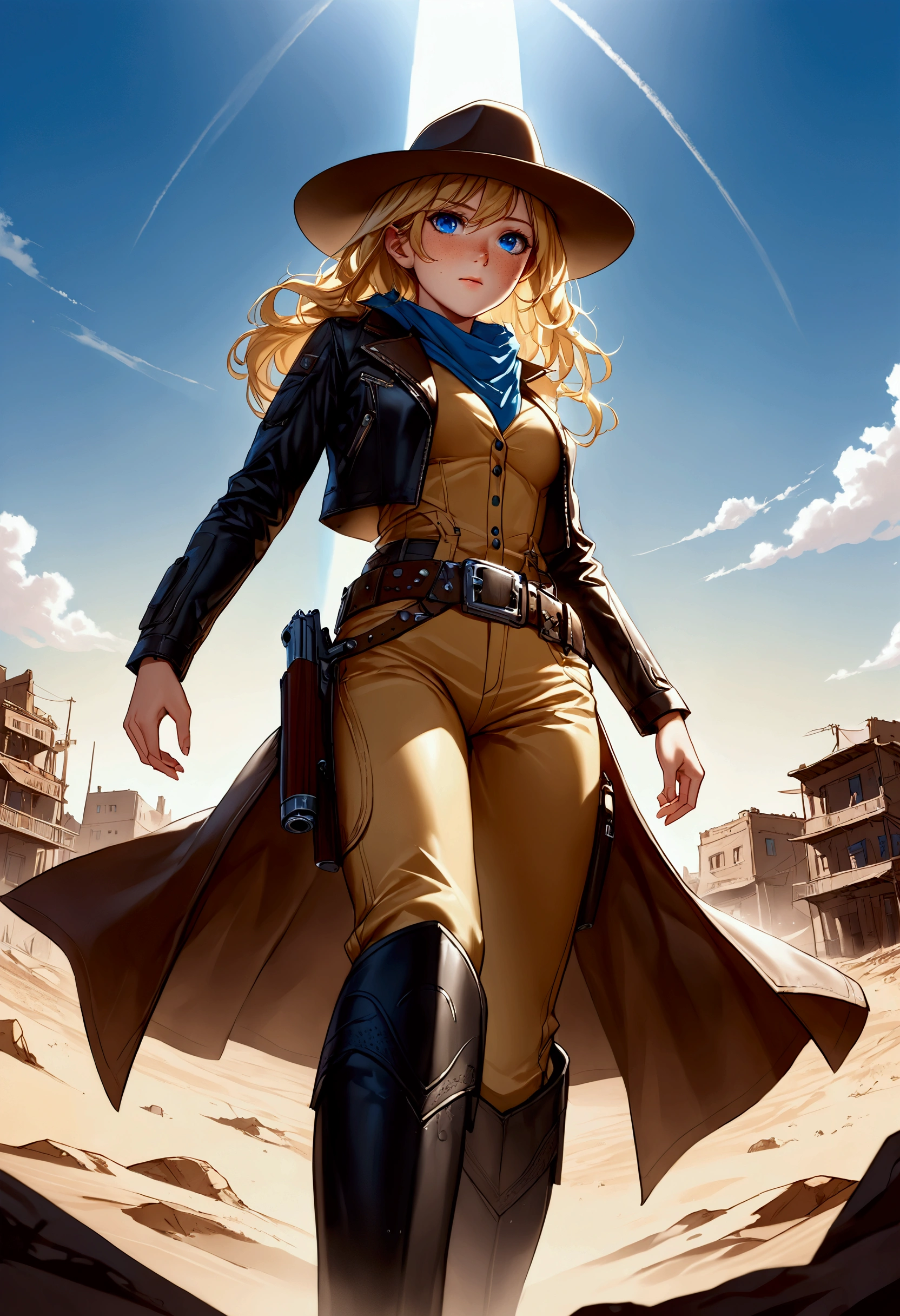 Create a breathtaking, ultra-high-definition image in 16K resolution that captures the adventurous and stylized essence of a Western world realistic photo aesthetic. | Visualize a stunning blonde cowgirl with flowing hair and cute freckles across her cheeks, embodying both strength and grace. She has expressive blue eyes and a natural beauty that shines through her rugged appearance. She is dressed in a stylish yet practical cowgirl outfit, featuring a wide-brimmed hat, a leather jacket with intricate patterns, a belt with a prominent buckle, and sturdy boots. Her attire should blend traditional Western elements with subtle futuristic accents.|The scene is set in a desolate desert town with a few rundown buildings and a vast, arid landscape stretching into the distance. The sky is a brilliant, deep blue with a few wispy clouds, and the harsh sunlight casts long shadows, adding depth and drama to the scene. Dust and tumbleweeds drift across the ground, enhancing the wild and untamed atmosphere.| Capture the cowgirl in a dynamic pose, perhaps with one hand resting on her holstered gun and the other shading her eyes as she gazes into the distance, ready for whatever challenges lie ahead. Her expression should convey a mix of determination and confidence, with a hint of mystery. The low angle camera shot should emphasize her full body, highlighting the details of her outfit and her strong, athletic build. | The overall ambiance should integrate vibrant colors and rich details, creating a sense of depth and immersion in this futuristic Western world. Ensure anatomical correctness, with a focus on ultra-detailed textures and high-quality rendering, capturing every nuance of the cowgirl's appearance and her rugged surroundings. This masterpiece should embody the spirit of adventure and resilience, immersing viewers in its lifelike depiction. | Keywords: (beautiful blonde cowgirl:1.3), ((low angle shot):1.3), ((cute freckles):1.2), ((futuristic Western)), ((dynamic pose)).
