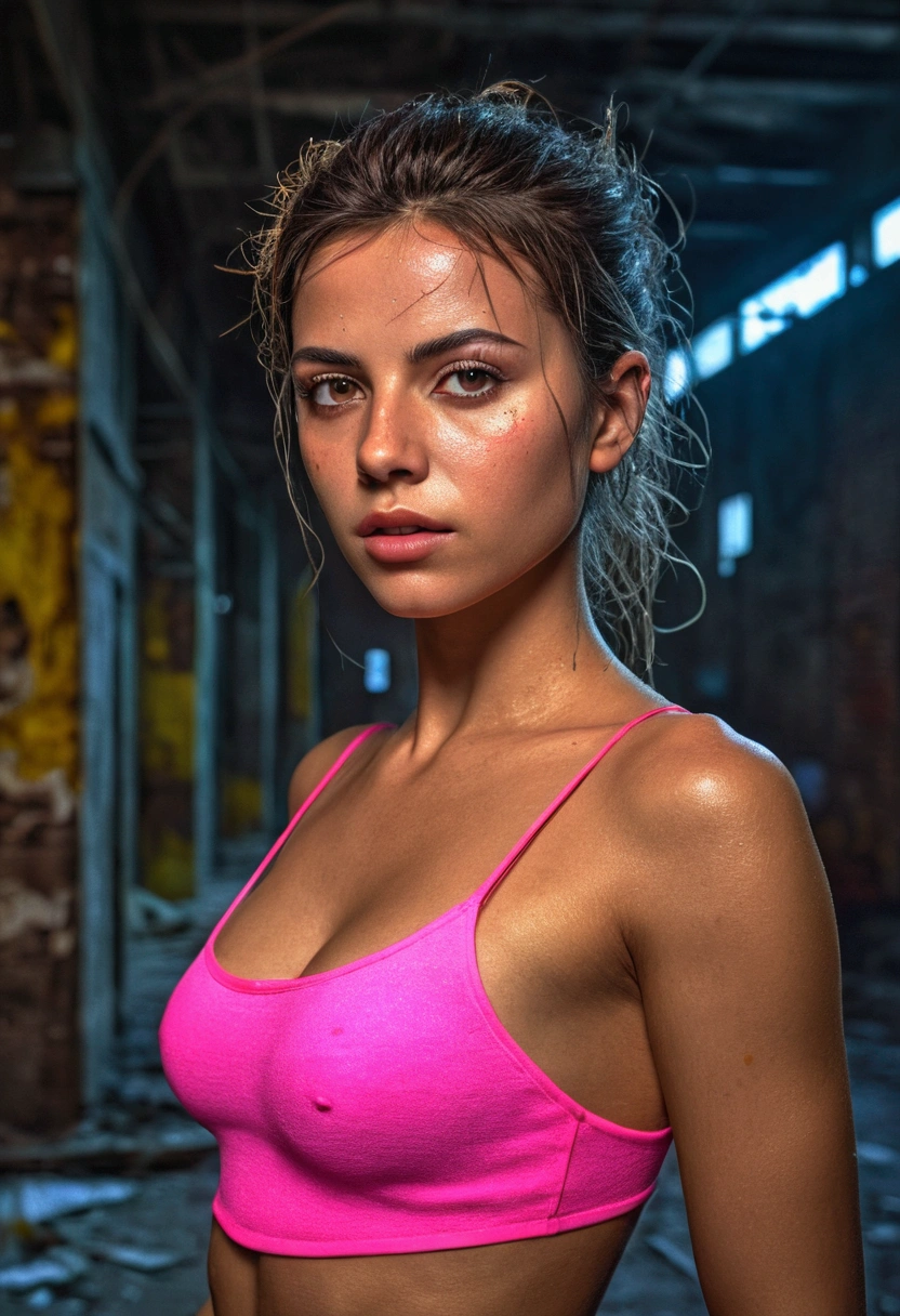 masterpiece, Best Quality, Digital actress Karol Costa , low water, 8k, Very detailed face, a perfect face, The perfect body, Posing, (intricate details:0.9), (HdR, Hyperdetail:1.2), (natural skin textures, hyperrealistic, luz outfit, sharp), (Intricate detail 1.5), In an abandoned warehouse, ((Lots of neon consecration.)).