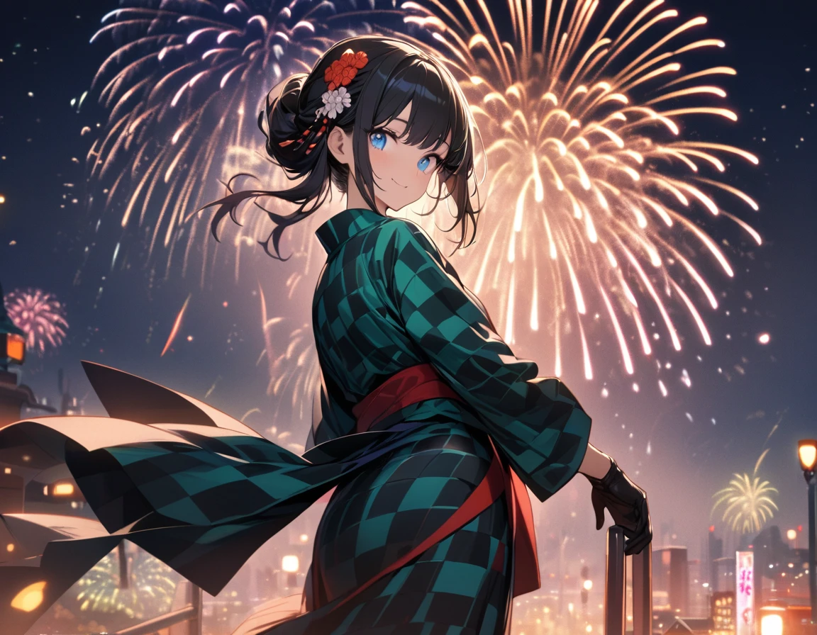 1 girl,amazing quality, aesthetic,ultra-detailed face,detailed eyes,lash extension,star-shaped pupils,blue eyes,checkered pattern green yukata decorated with race,Japanese clothes,(long sleeve, long hem),race black gloves,smile,half updo,Goldfish shaped kanzashi hairpin,black hair,cowboy shot,Looking back at the viewer,night, (fireworks:1.4) in the sky,very wide shot, masterpiece, top quality, highly detailed illustration, incredibly delicate and beautiful