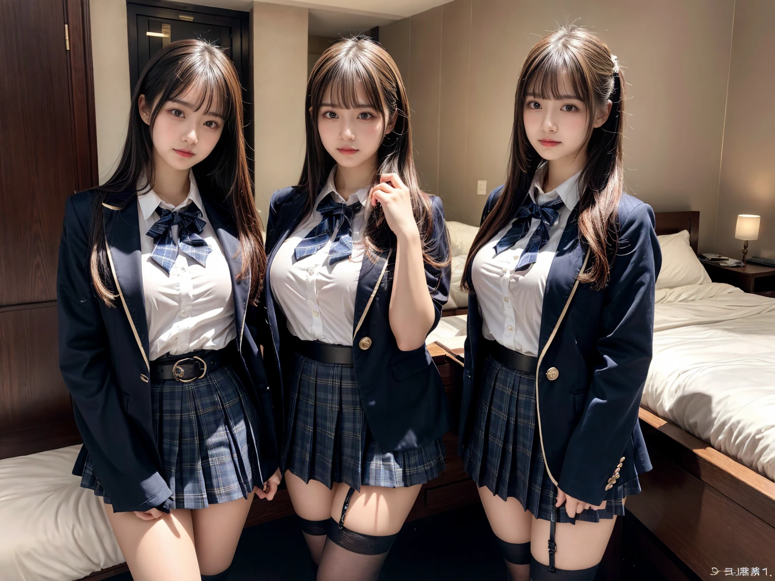 (8K, Raw photography, top-quality, masterpiece:1.2), master piece, best quality, illustration, Super detailed, fine details, High resolution, 8K,wall paper, perfect dynamic composition,(Details High quality, realistic depiction of eyes:1.3), ((2 girls, 2 schoolgirls)), The background is a luxury hotel room、High school girl uniform、blazer 、Super Short Check Uniform Skirt、Navy blue high socks、garterbelts、Colossal tits、Disturbed uniform, Play with each other,Touching each other's bodies,Touching the body of the girl next door, short bob hair, black hair color, huge breasts, Big Natural Color Lip, bold sexy pose, (perfect body shape), crying a little、cold gaze, Beautiful makeup,glitter makeup,Cutest 18 years old, beautiful legs, hposing Gravure Idol, Voluptuous thighs