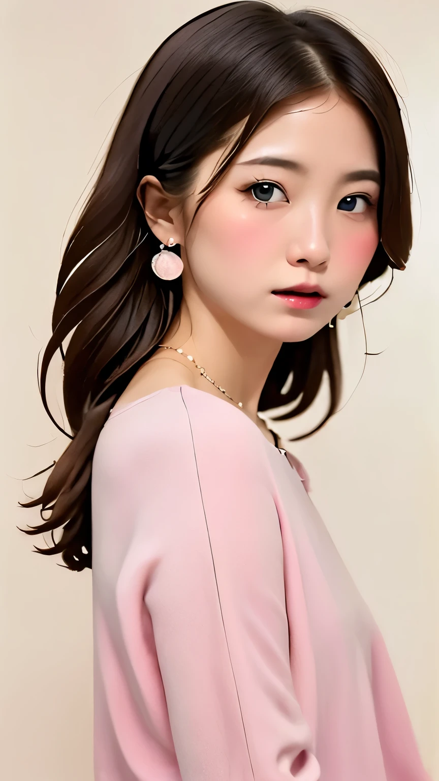 Highest quality、masterpiece 、One Girl, alone,very cute, Long Hair,  blue eyes, jewelry, Mouth closed:1.5, Jacket, Upper Body, Pink Hair, Earrings, necklace, From the side, sweater, Fuller lips, Wavy Hair, 耳のEarrings, eye shadow, cheek、hoop Earrings, Pink Lips, Variegated eyes, Pink Theme, , ピンクのeye shadow,